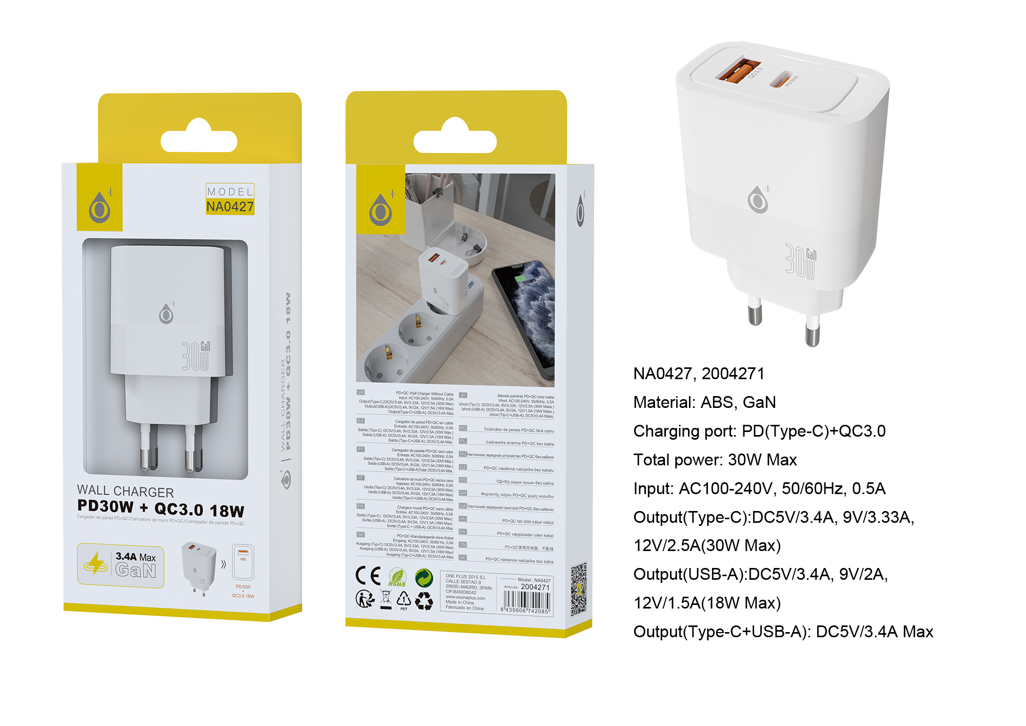 NA0427 BL Cargador GaN de Red Rapida Fort, 2 puerto USB-C(30W)+USB-A QC3.0(18W), Sin Cable, Blanco