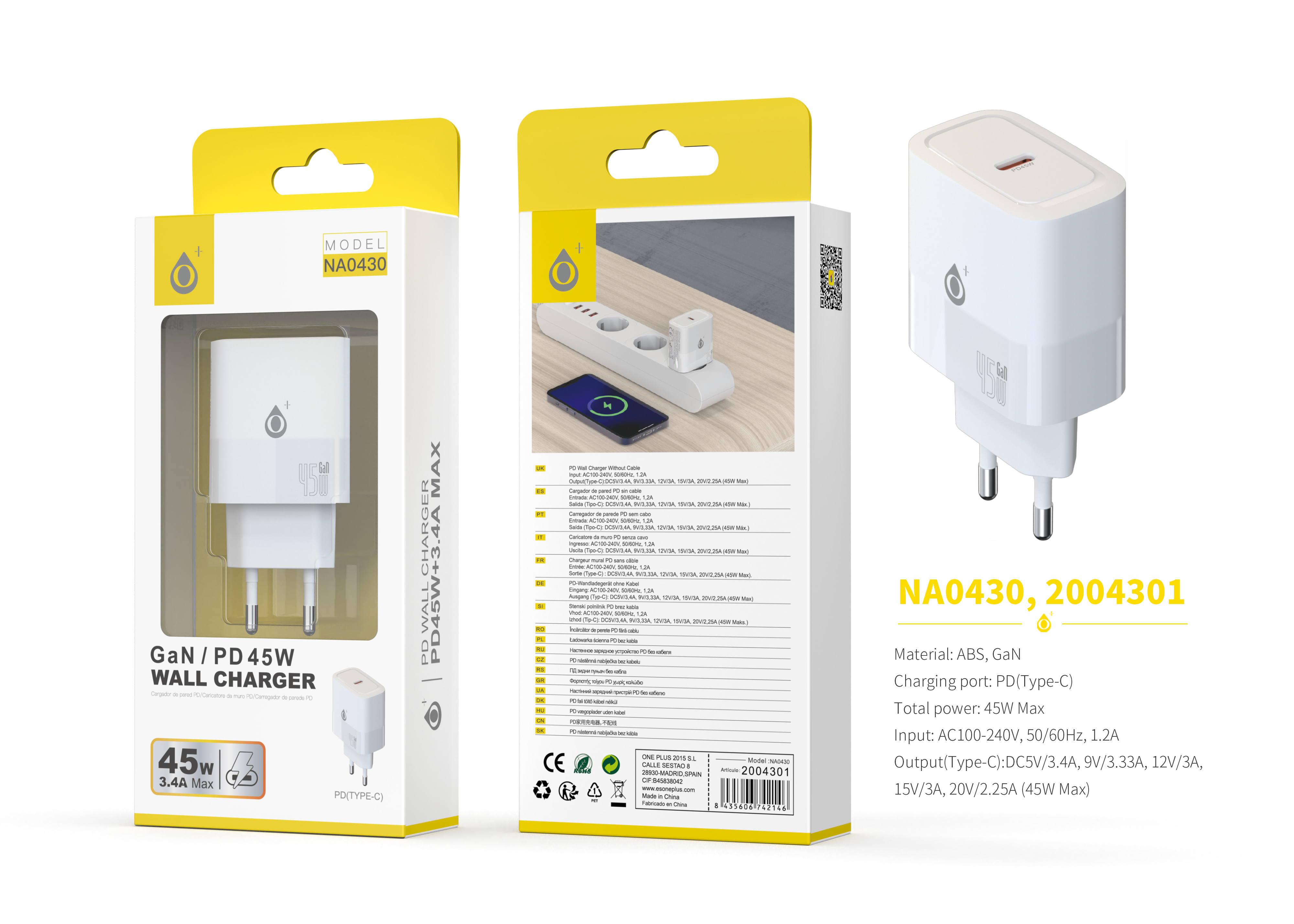 NA0430 BL Cargador GaN de Red Rapida Fort, 1 puerto USB-C 45W/3.4 Max,  Sin Cable, Blanco