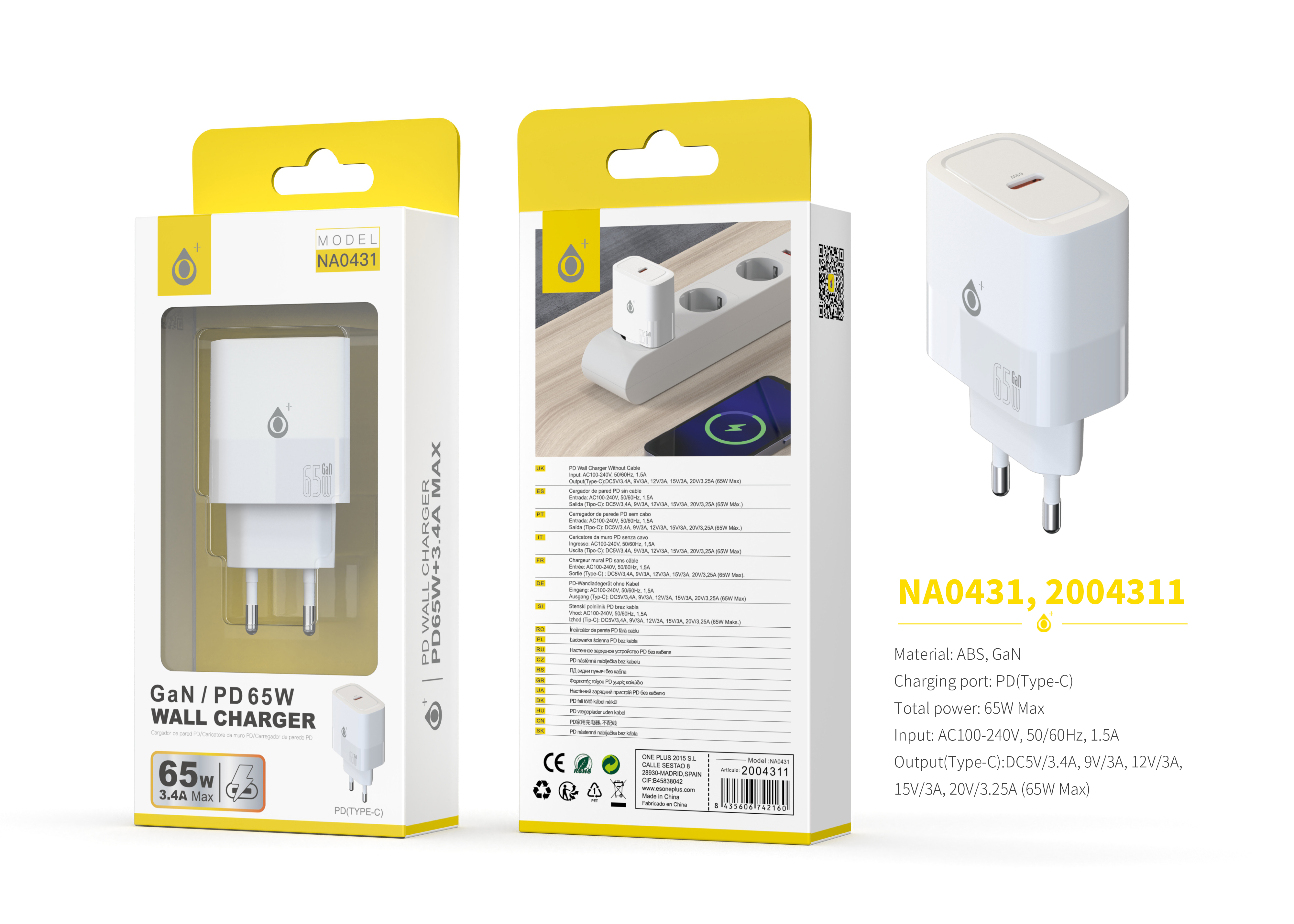 NA0431 BL Cargador GaN de Red Rapida Fort, 1*USB-C, Sin Cable, 65W/3.4A(Max), Blanco