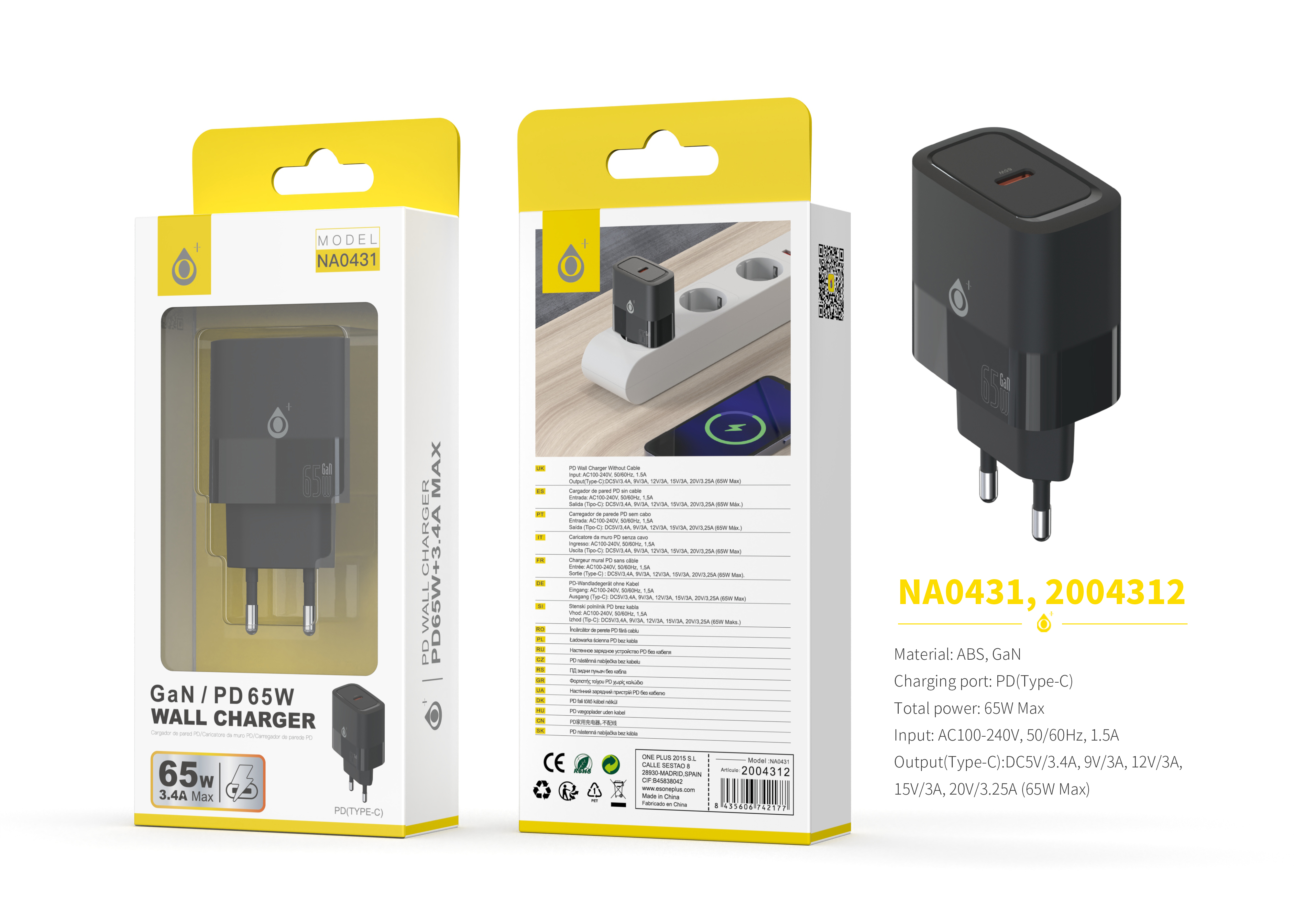 NA0431 NE Cargador GaN de Red Rapida Fort, 1*USB-C, Sin Cable, 65W/3.4A(Max), Negro