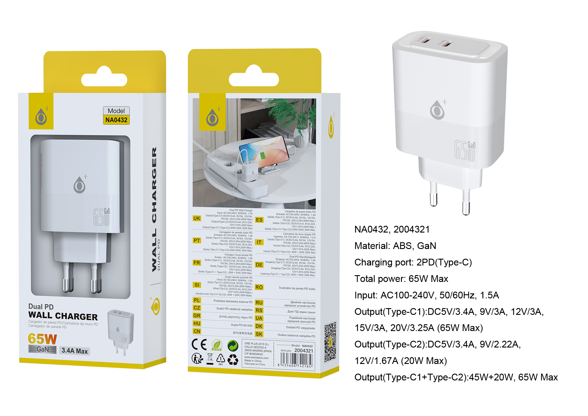 NA0432 BL Cargador GaN de Red Rapida Fort, 2*USB-C, Sin Cable, 65W/3.4A(Max), Blanco