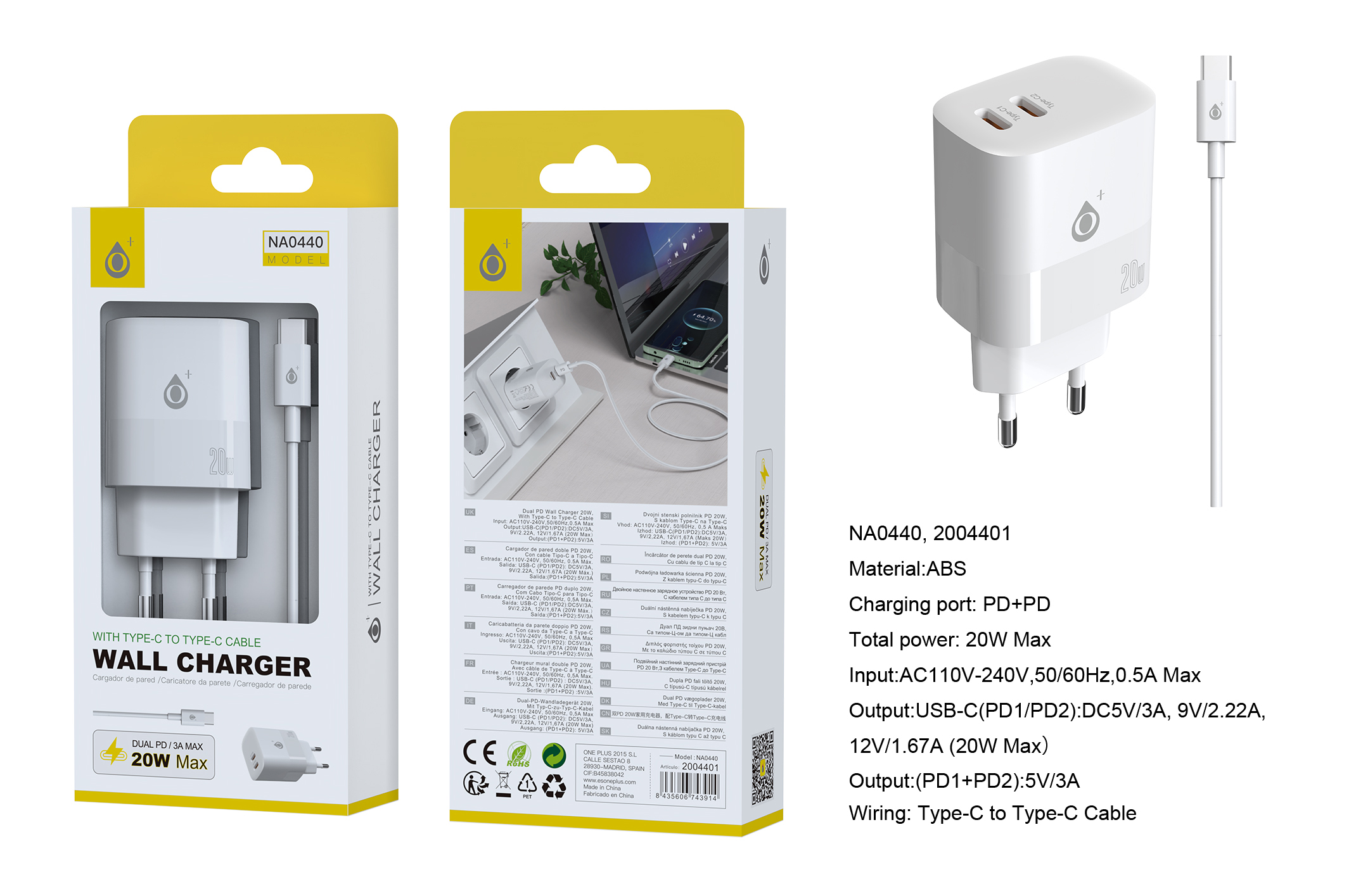 NA0440 BL Cargador de red rapida Fort, 2 puertos USB-C*2 (20W Max), Con cable Type-C, Blanco