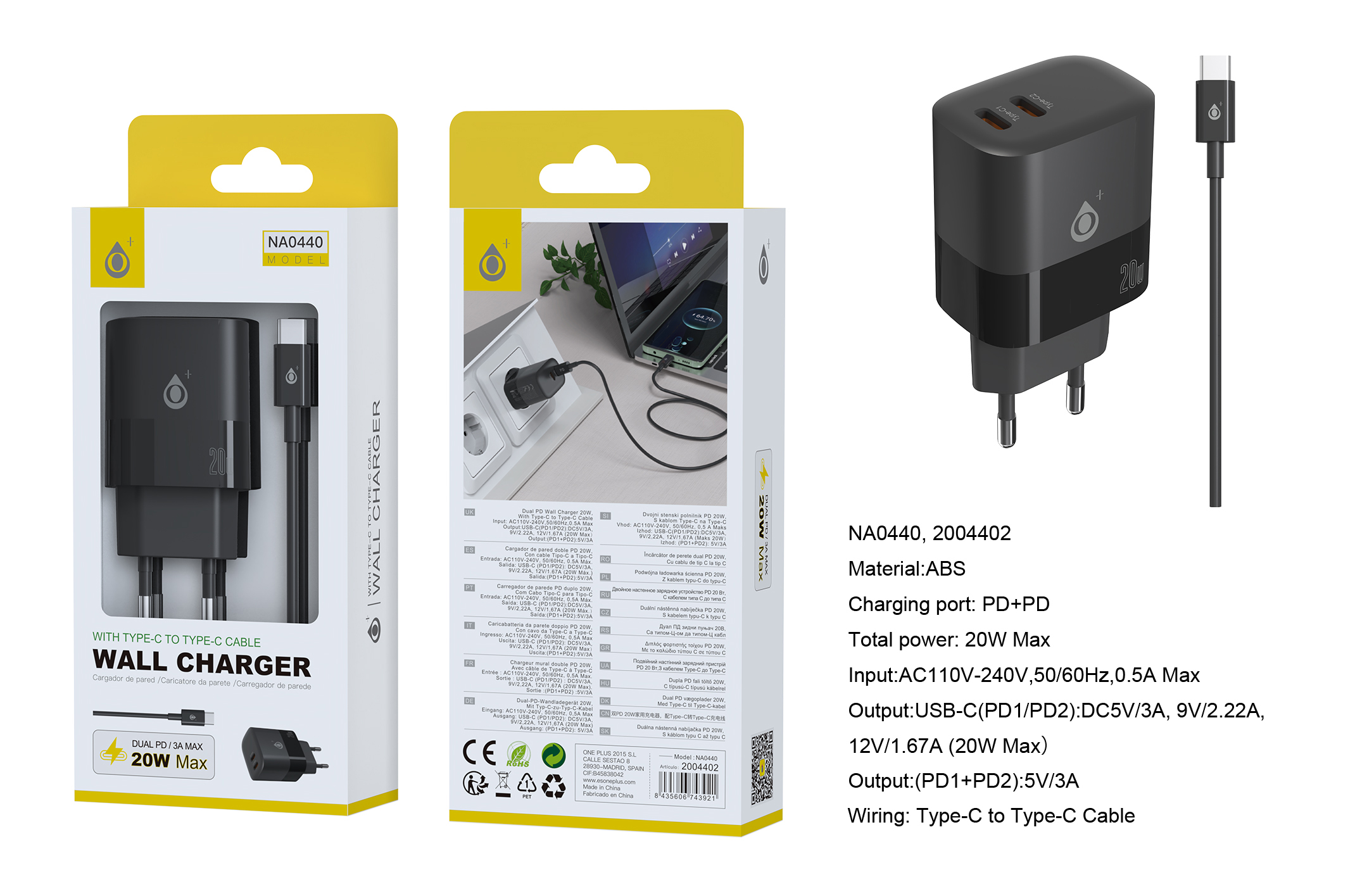 NA0440 NE Cargador de red rapida Fort, 2 puertos USB-C*2 (20W Max), Con cable Type-C, Negro