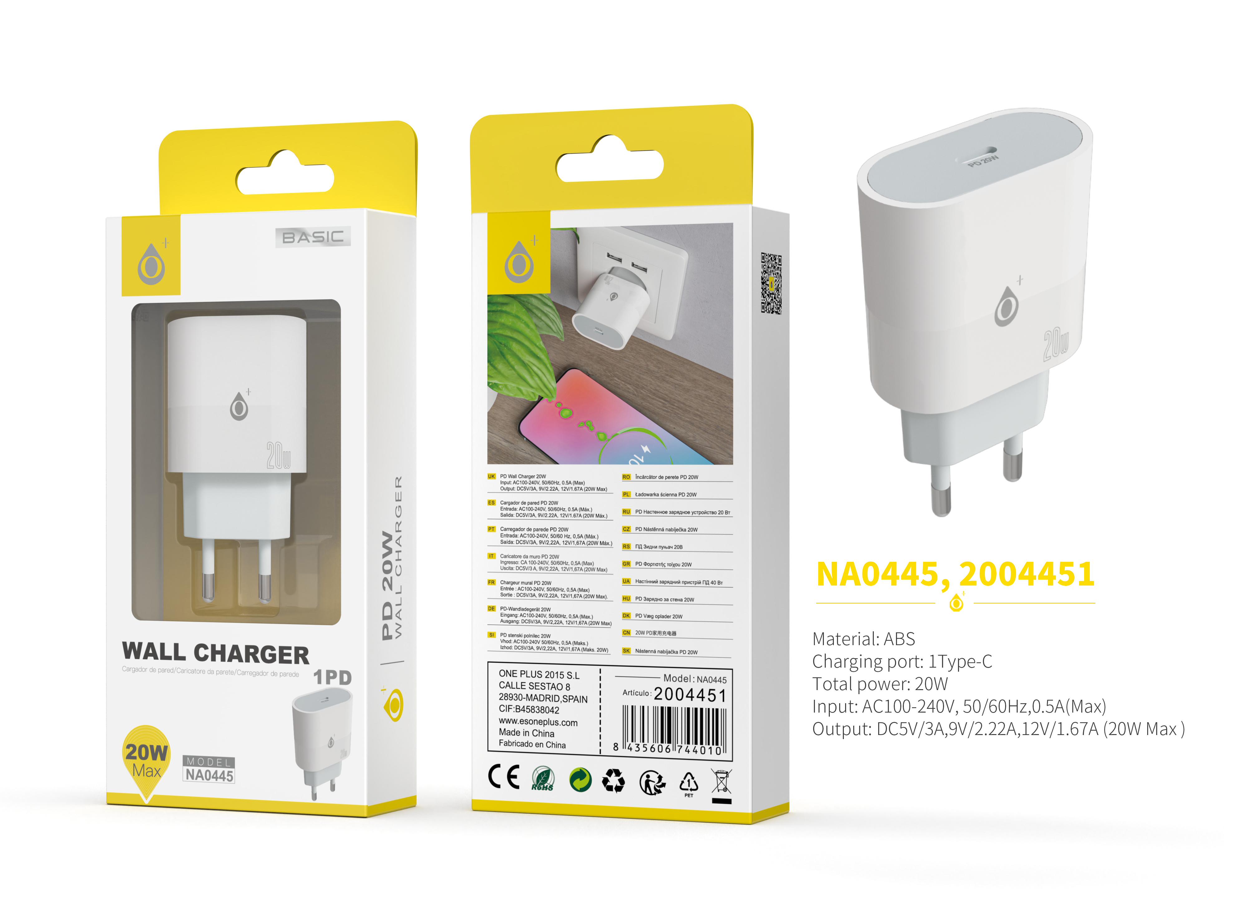 NA0445 BL Cargador de Red Rapida Jorwin, 1 Type-C PD, Sin cable, 20W Max, Blanco