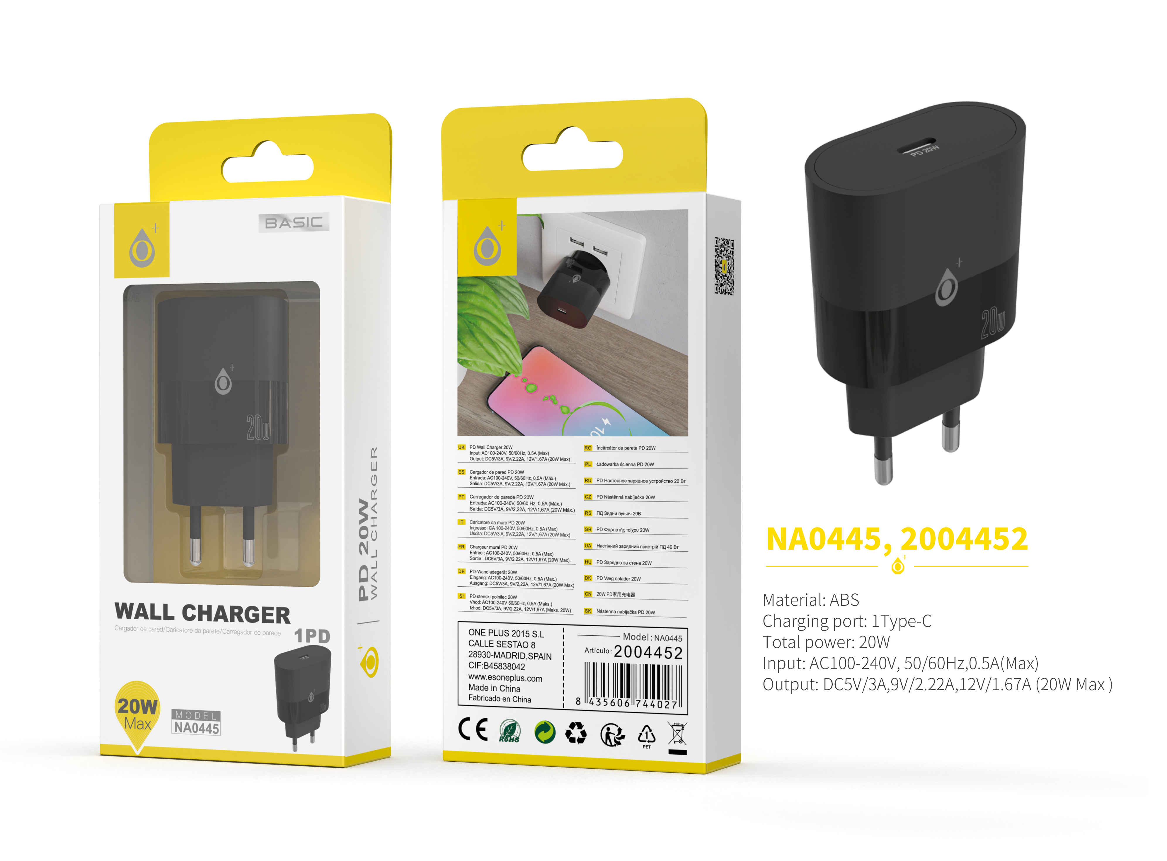 NA0445 NE Cargador de Red Rapida Jorwin, 1 Type-C PD, Sin cable, 20W Max, Negro