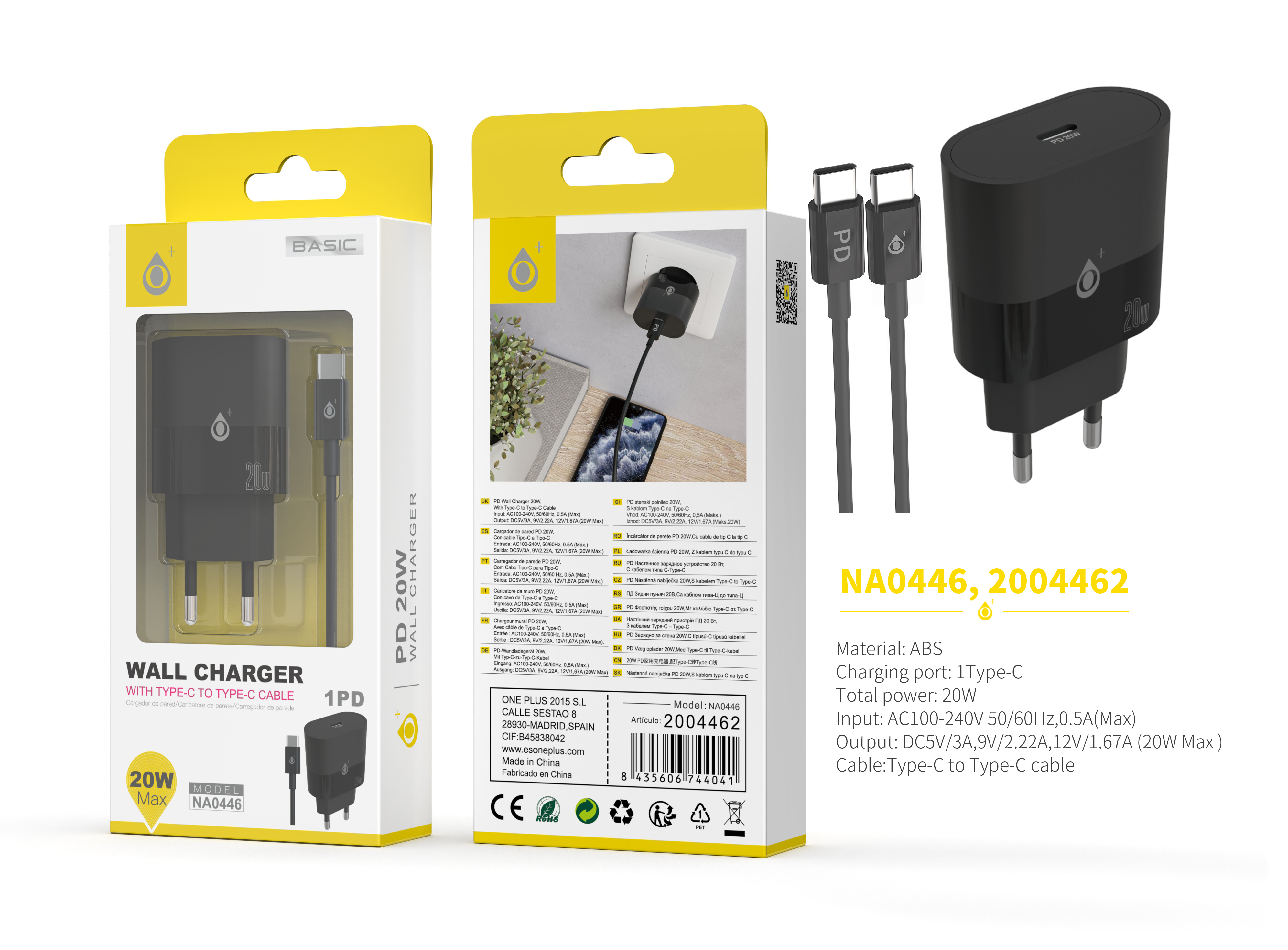 NA0446 NE Cargador de Red Rapida Jorwin, 1 Type-C PD, Con cable Type-C a Type-C, 20W Max, Negro