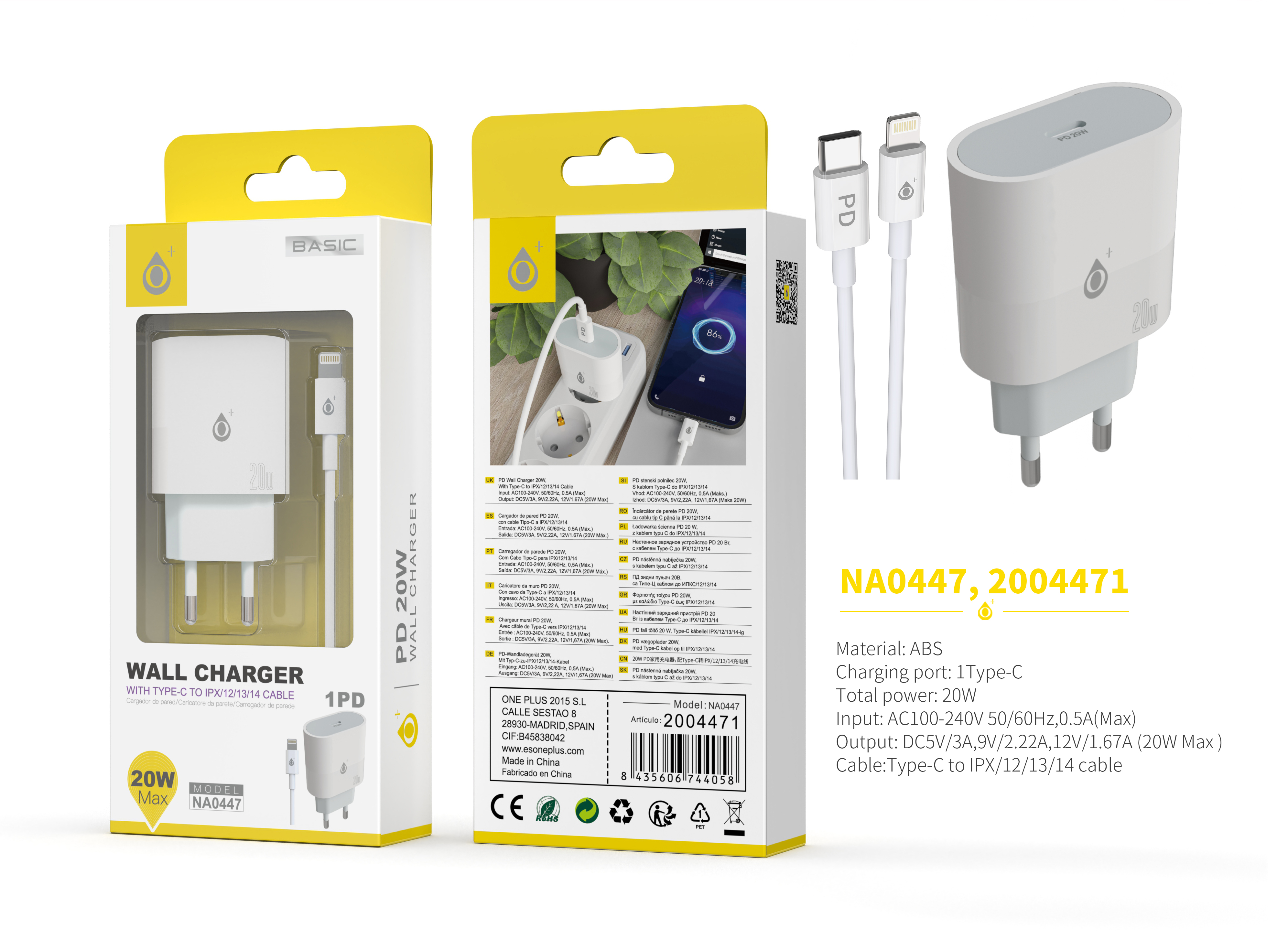 NA0447 BL Cargador de Red Rapida Jorwin, 1 Type-C PD, Con cable Type-C a Lightning, 20W Max, Blanco