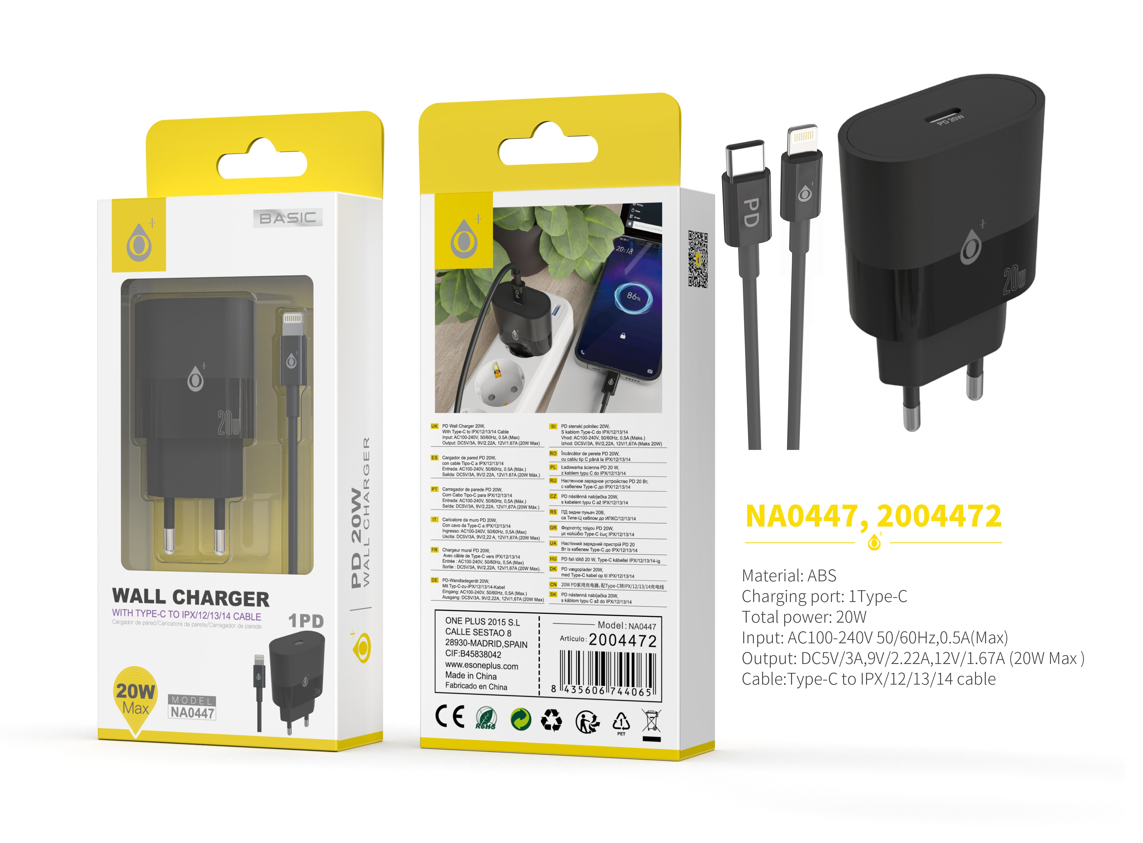 NA0447 NE Cargador de Red Rapida Jorwin, 1 Type-C PD, Con cable Type-C a Lightning, 20W Max, Negro