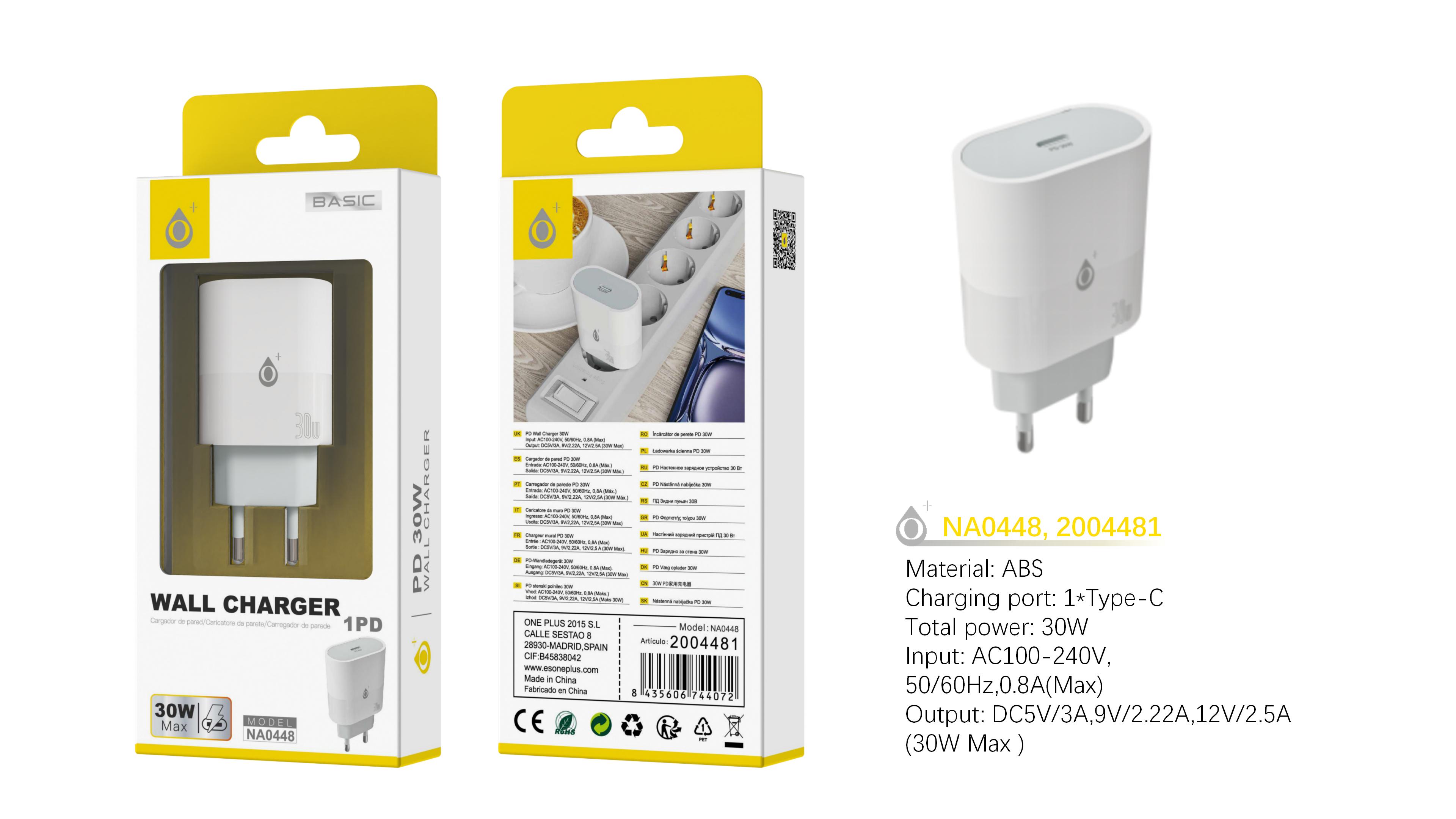 NA0448 BL Cargador de Red Rapida Jorwin 30W, 1 Type-C PD, Sin cable, Blanco