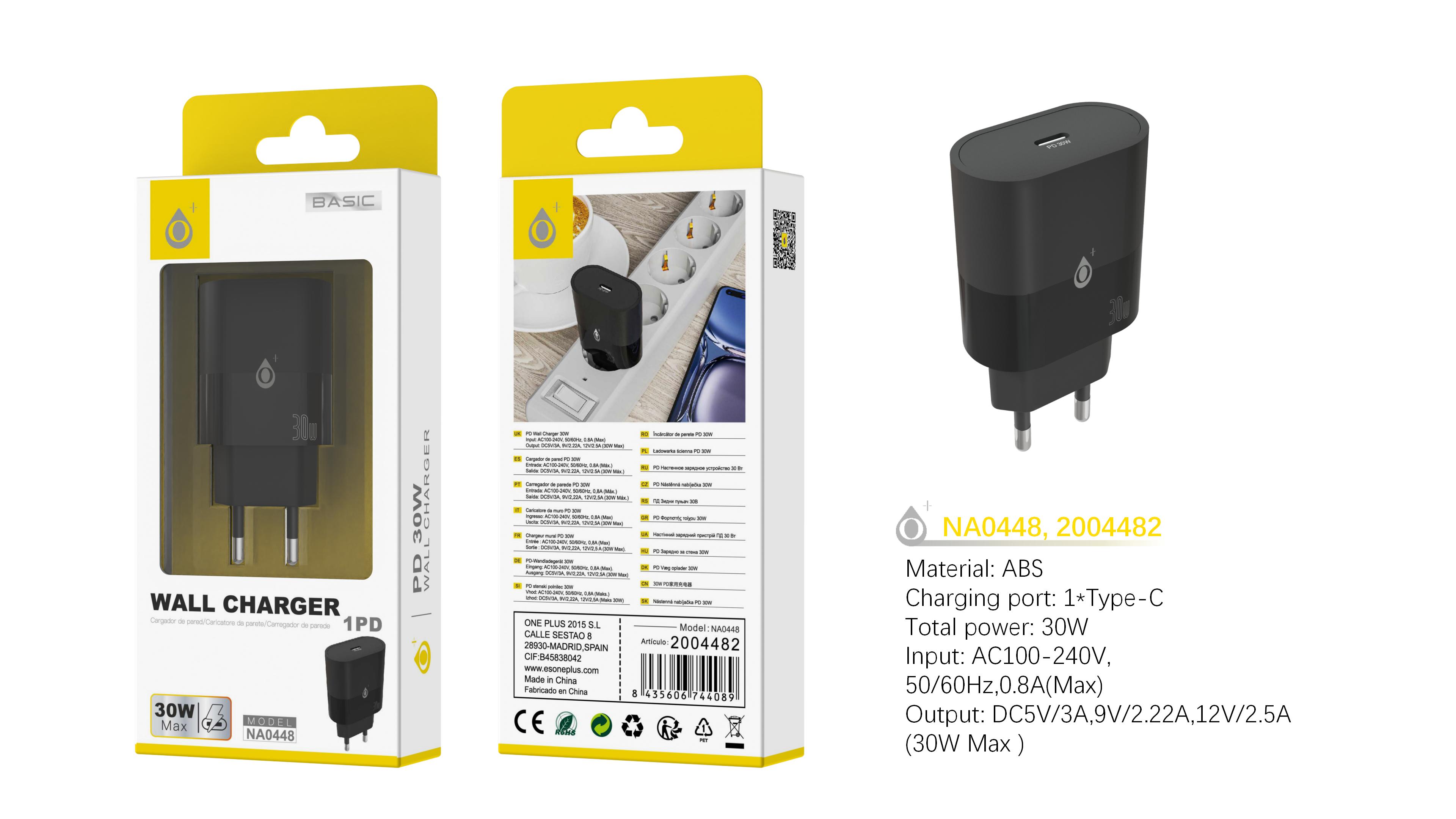 NA0448 NE Cargador de Red Rapida Jorwin 30W, 1 Type-C PD, Sin cable, Negro