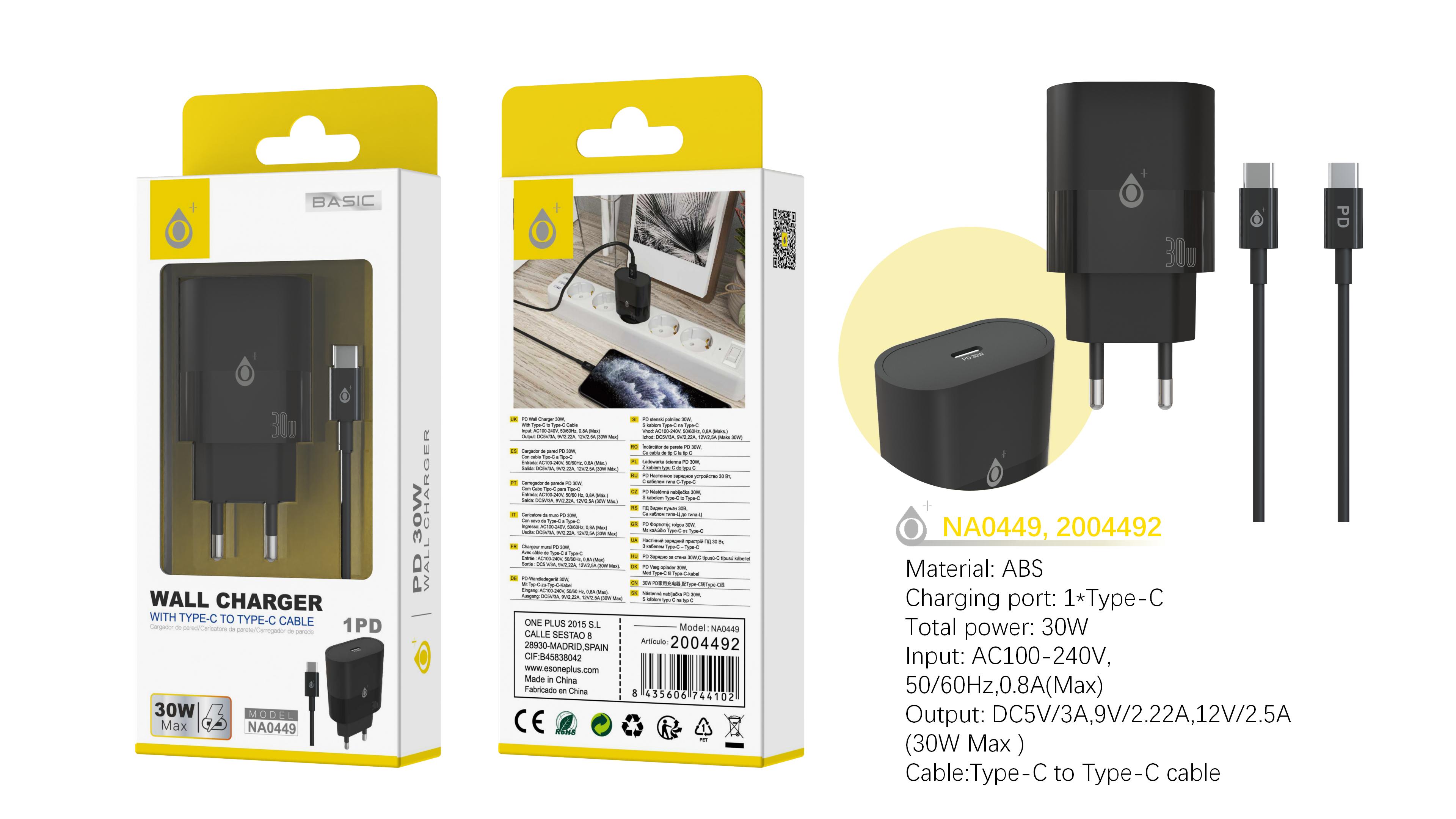 NA0449 NE Cargador de Red Rapida Jorwin 30W, 1 Type-C PD, Con cable Type-C a Type-C, Negro