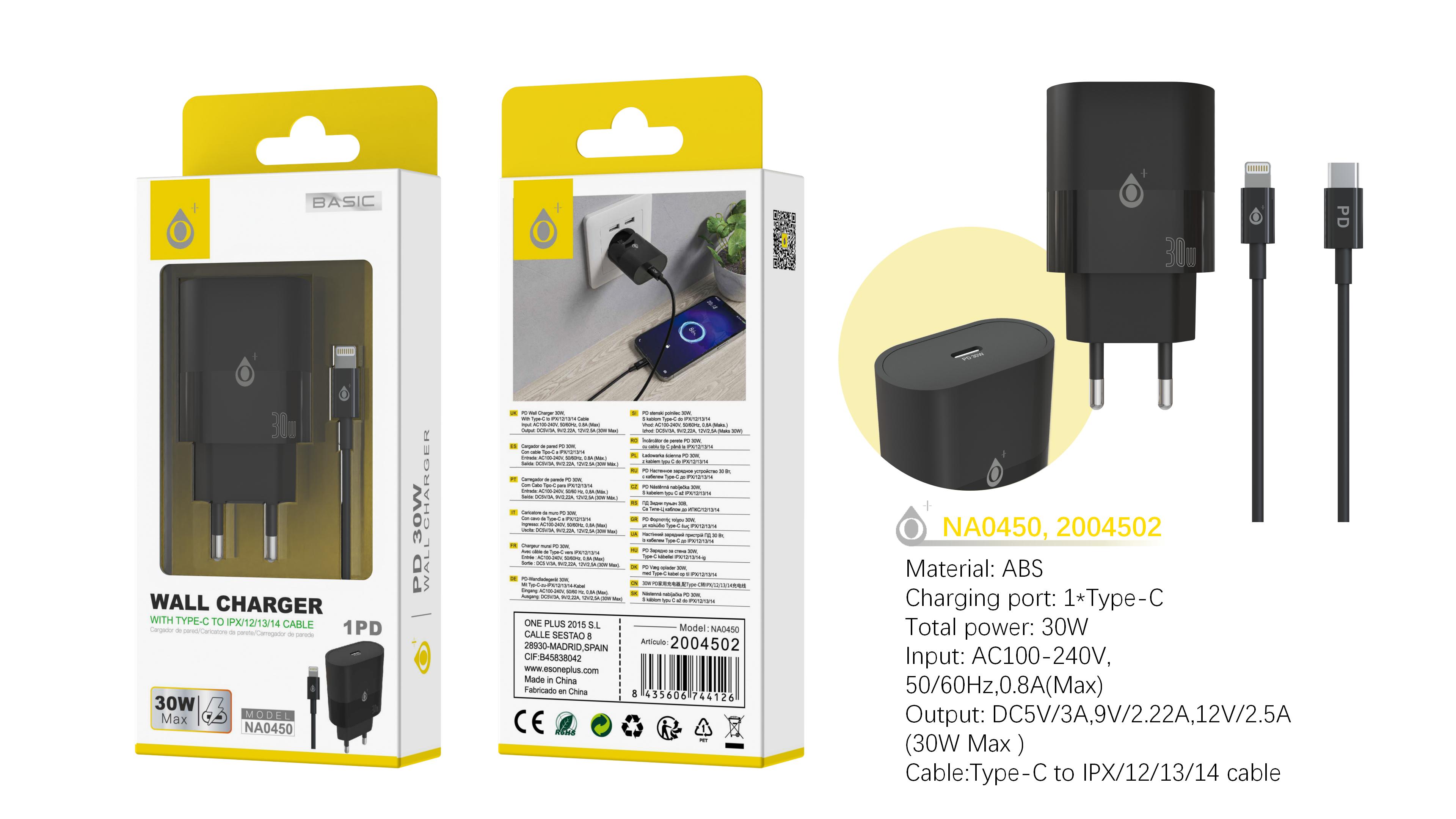 NA0450 NE Cargador de Red Rapida Jorwin 30W, 1 Type-C PD, Con cable Type-C a Iphone, Negro