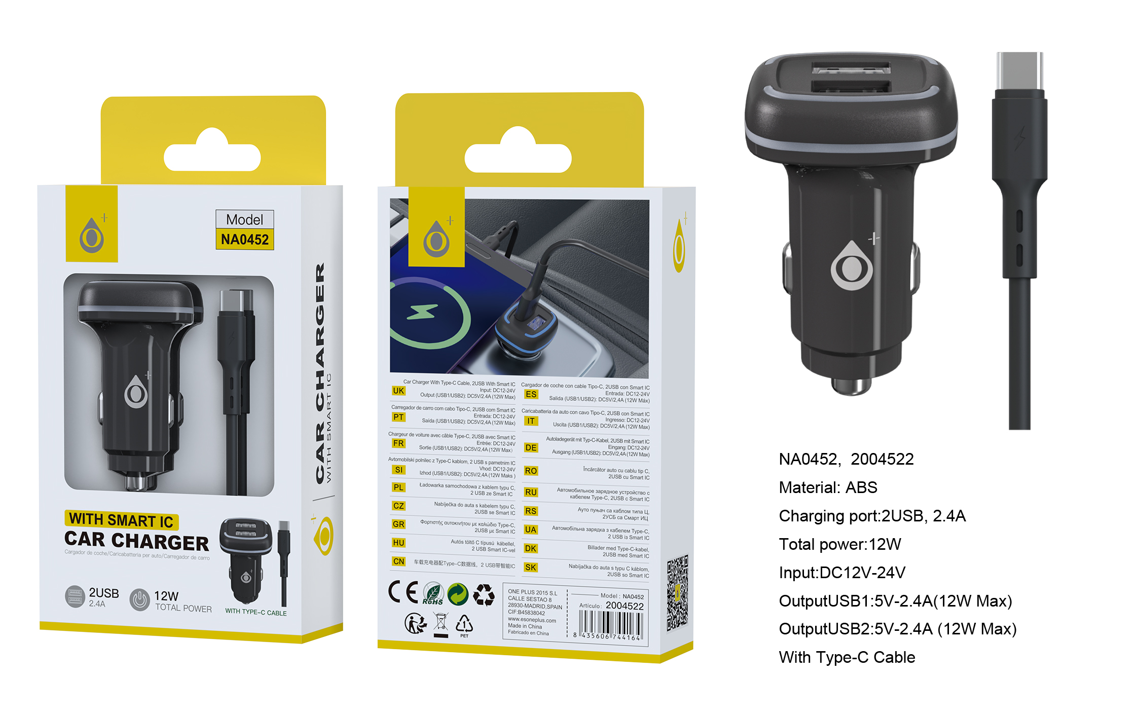 NA0452 NE Cargador de Mechero Bryan Con Smart Chip IC, 2 USB-A con cable Type-C, 2.4A/12W Max, Negro