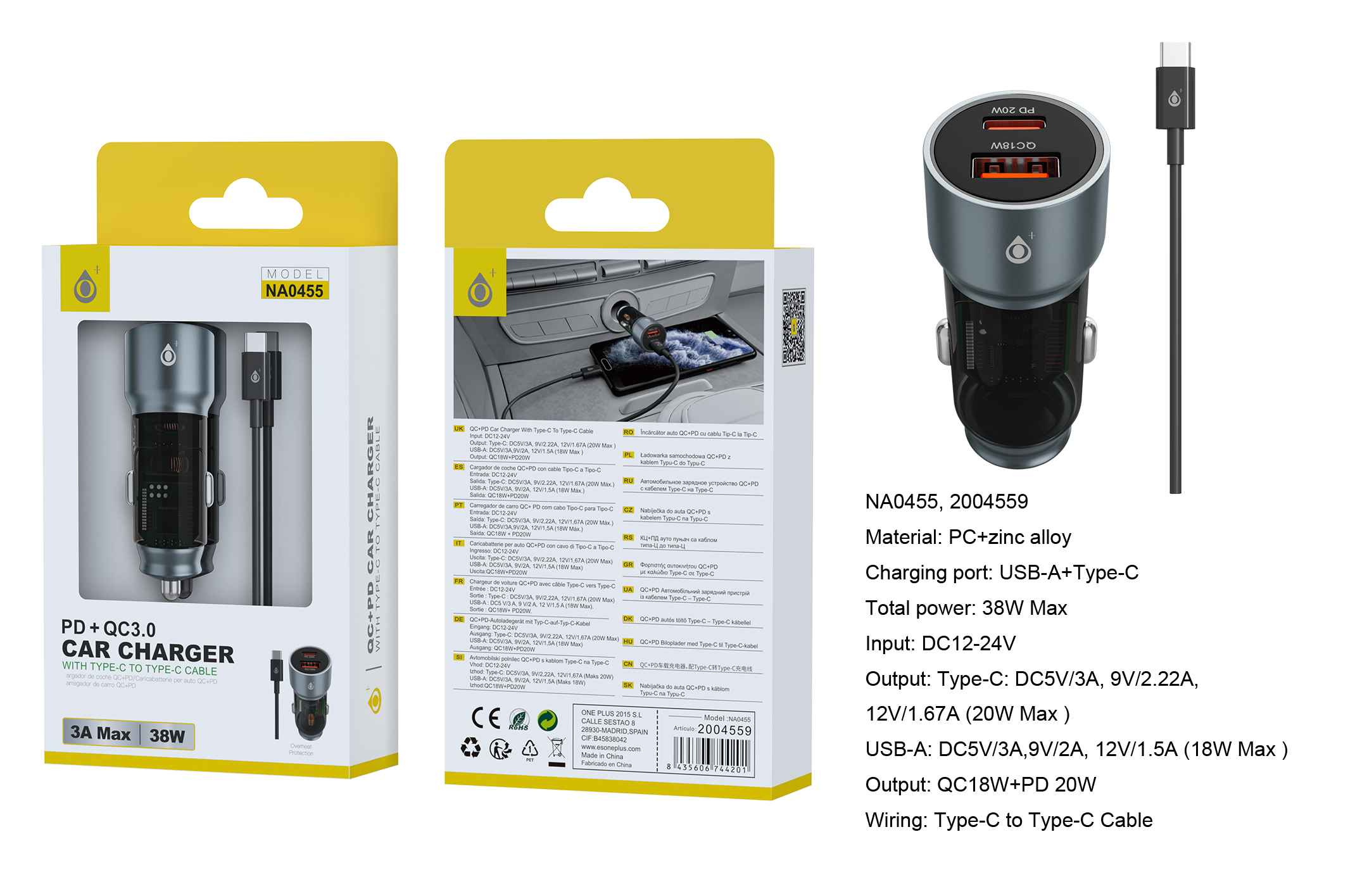 NA0455 GR Cargador de Mechero Blaz Zin alloy con carga rapido, USB-C(20W)+USB-A QC 3.0(18W) Con cable Type-C, 38W/3A Max, Gris