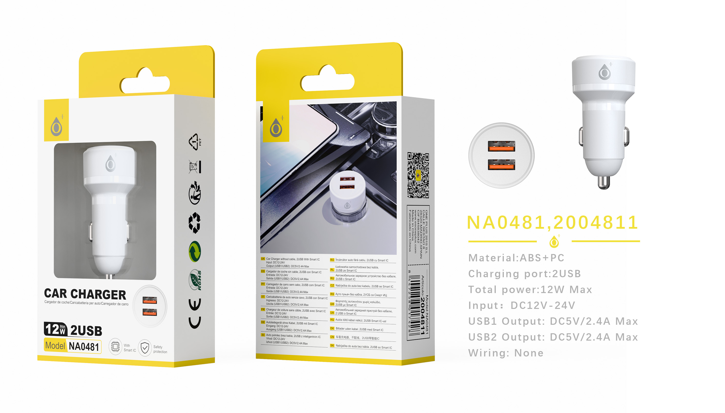 NA0481 BL Cargador de Mechero Liora 2 USB-A con IC chip, Sin cable, 12W/2.4A, Blnaco