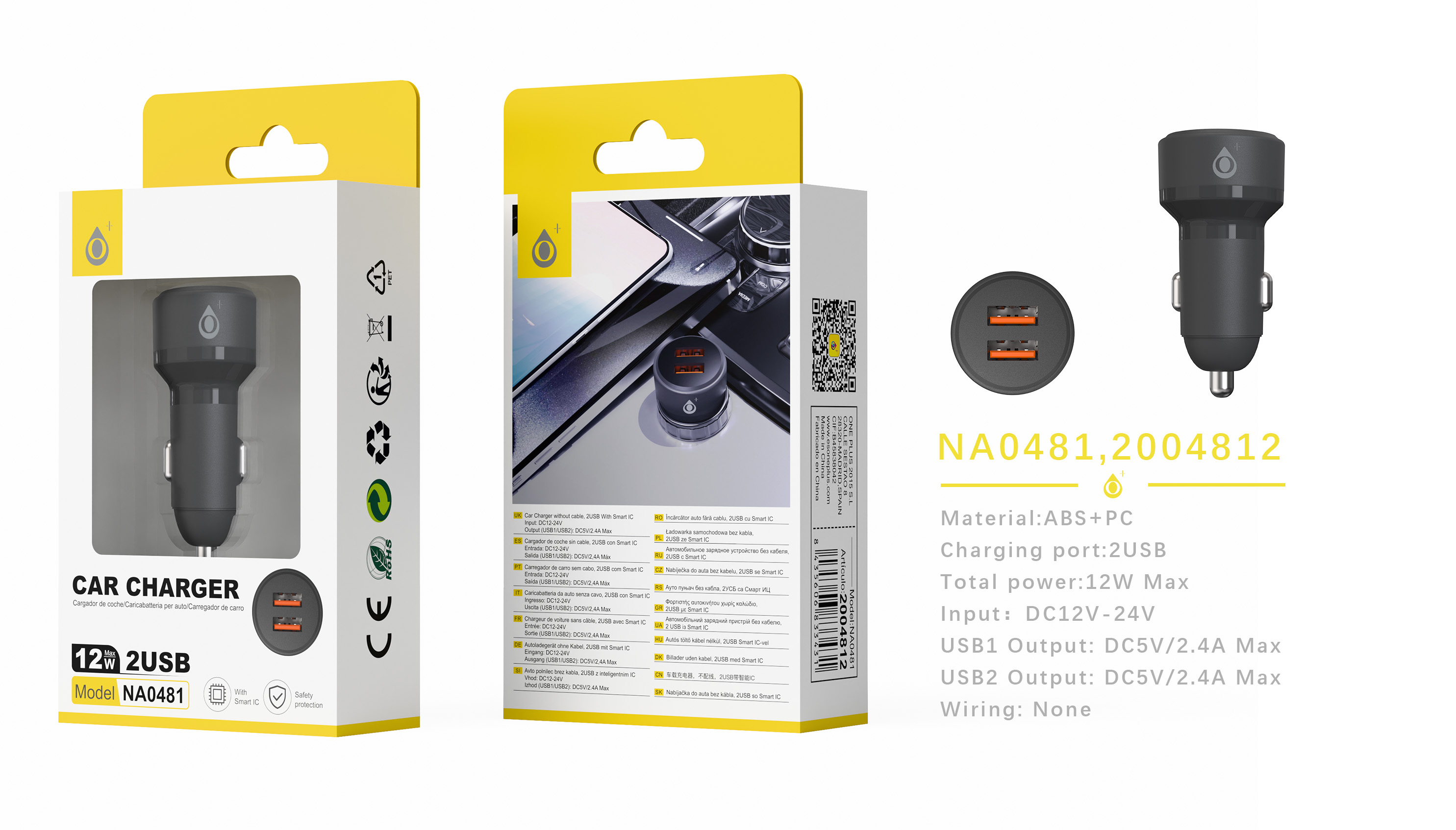 NA0481 NE Cargador de Mechero Liora 2 USB-A con IC chip, Sin cable, 12W/2.4A, Negro