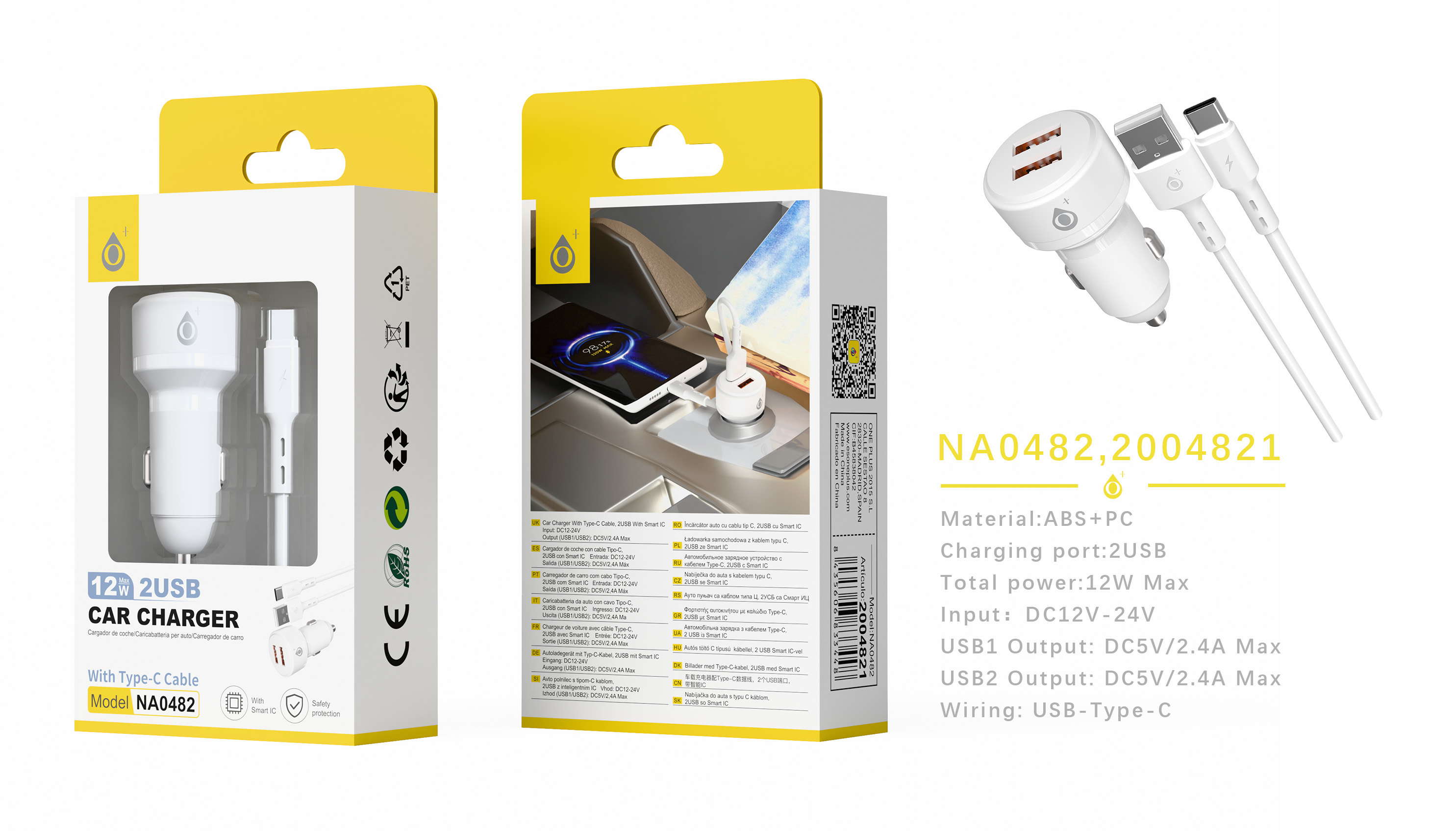 NA0482 BL Cargador de Mechero Liora 2 USB-A con IC chip, Con cable Type-C, 12W/2.4A, Blnaco