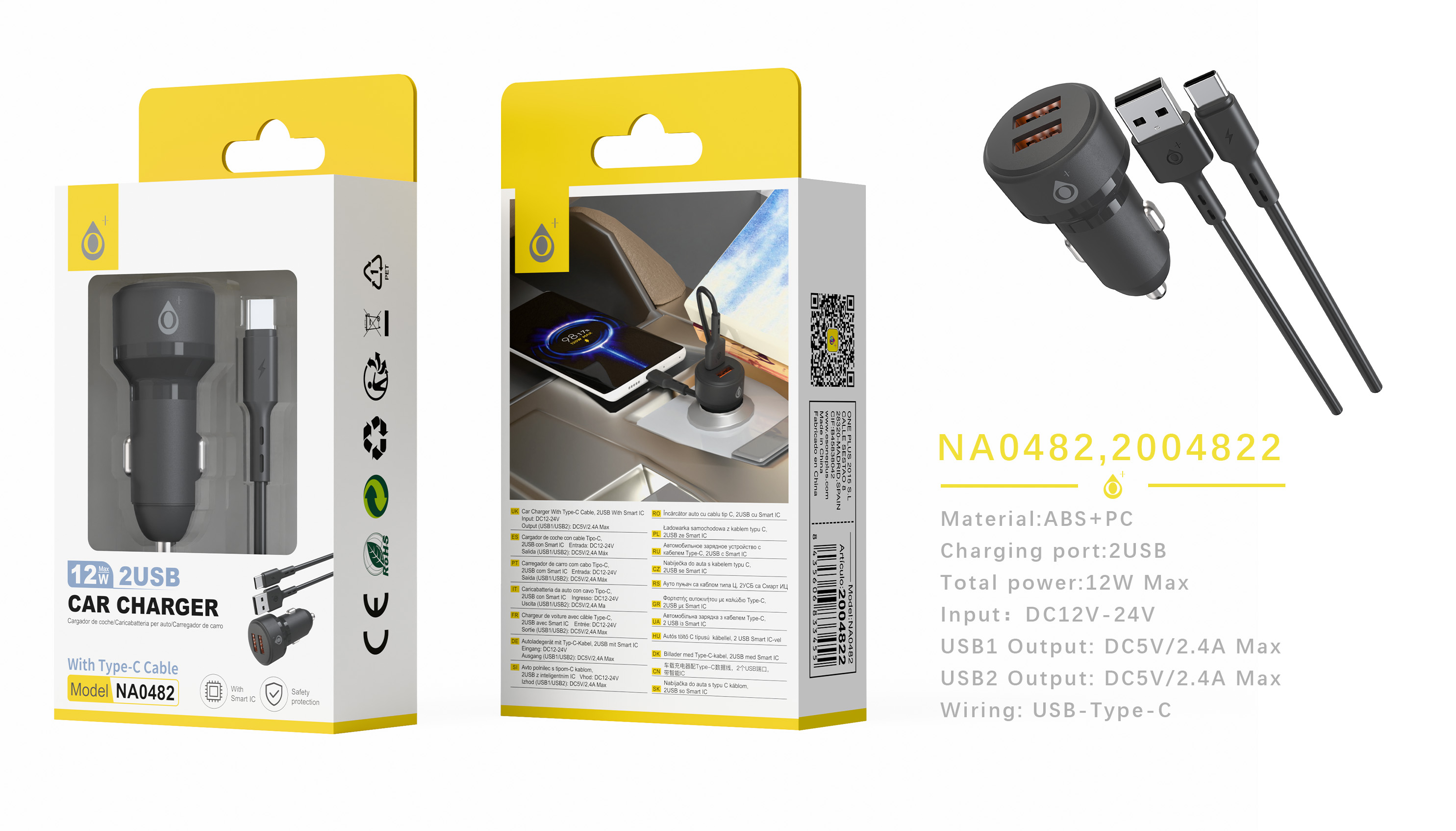 NA0482 NE Cargador de Mechero Liora 2 USB-A con IC chip, Con cable Type-C, 12W/2.4A, Negro