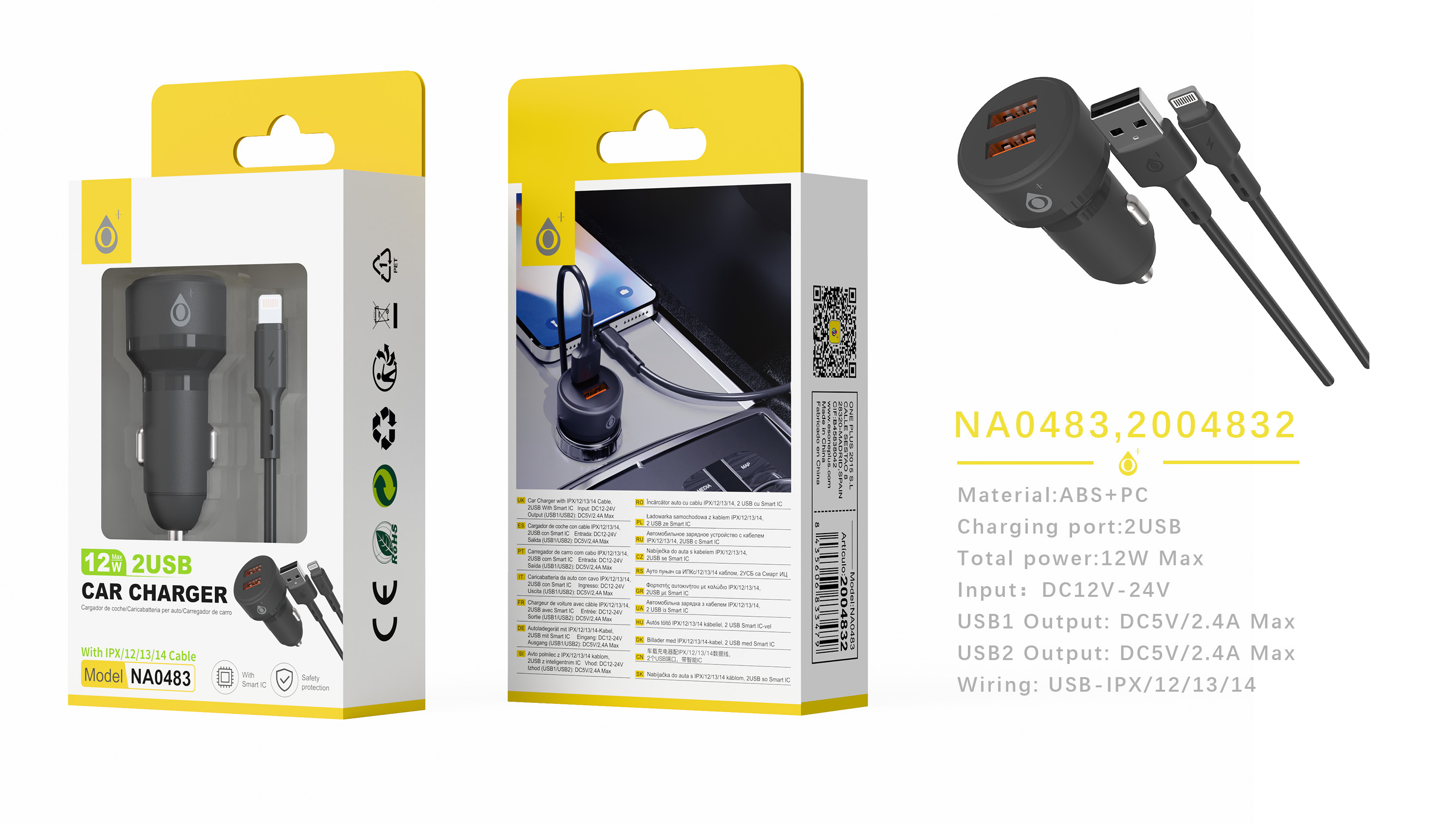 NA0483 NE Cargador de Mechero Liora 2 USB-A con IC chip, Con cable Iphone, 12W/2.4A, Negro