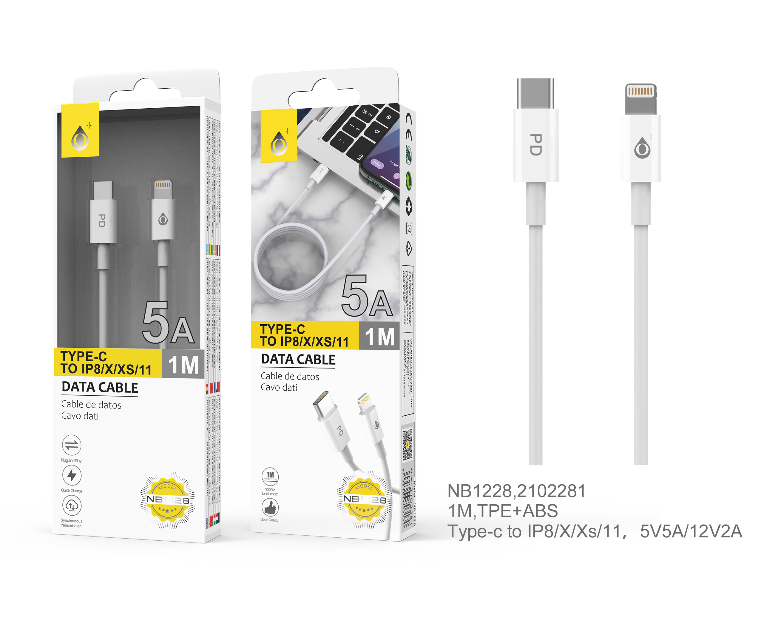 NB1228 BL Cable de Datos Emily Carga Rapida Type C a  IP6/7/8/X/12/13, 5A 1M ,BLANCO