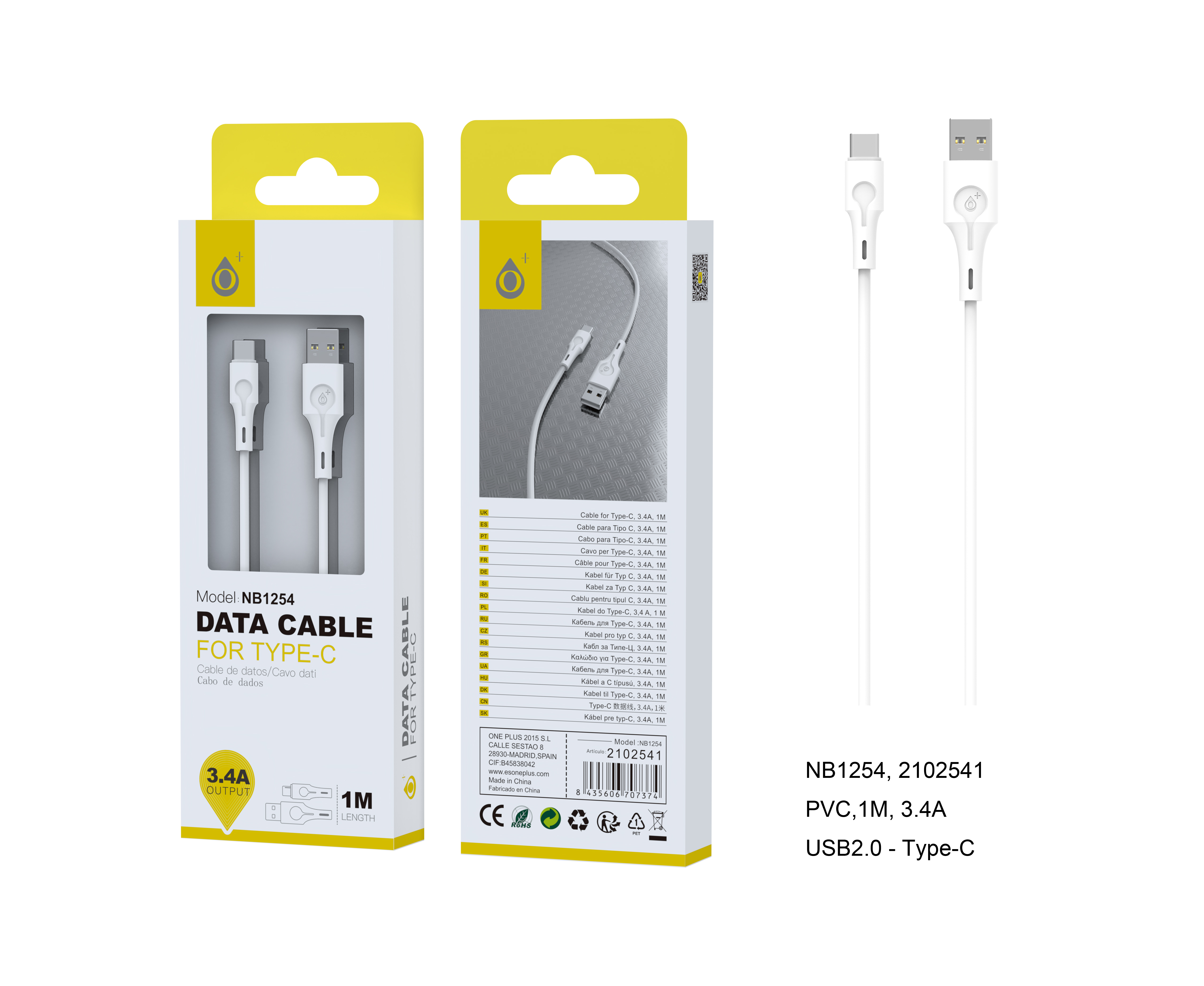 NB1254 BL Cable de Datos Abanico para Type C, 1M 2.4A, Blanco