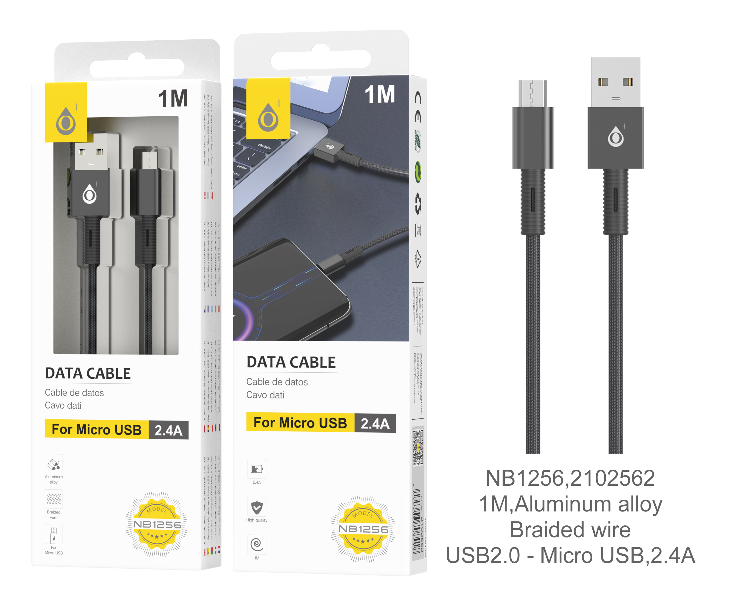 NB1256 NE Cable de Datos trenzado Thor para MicroUSB, 1M 2.4A, Negro