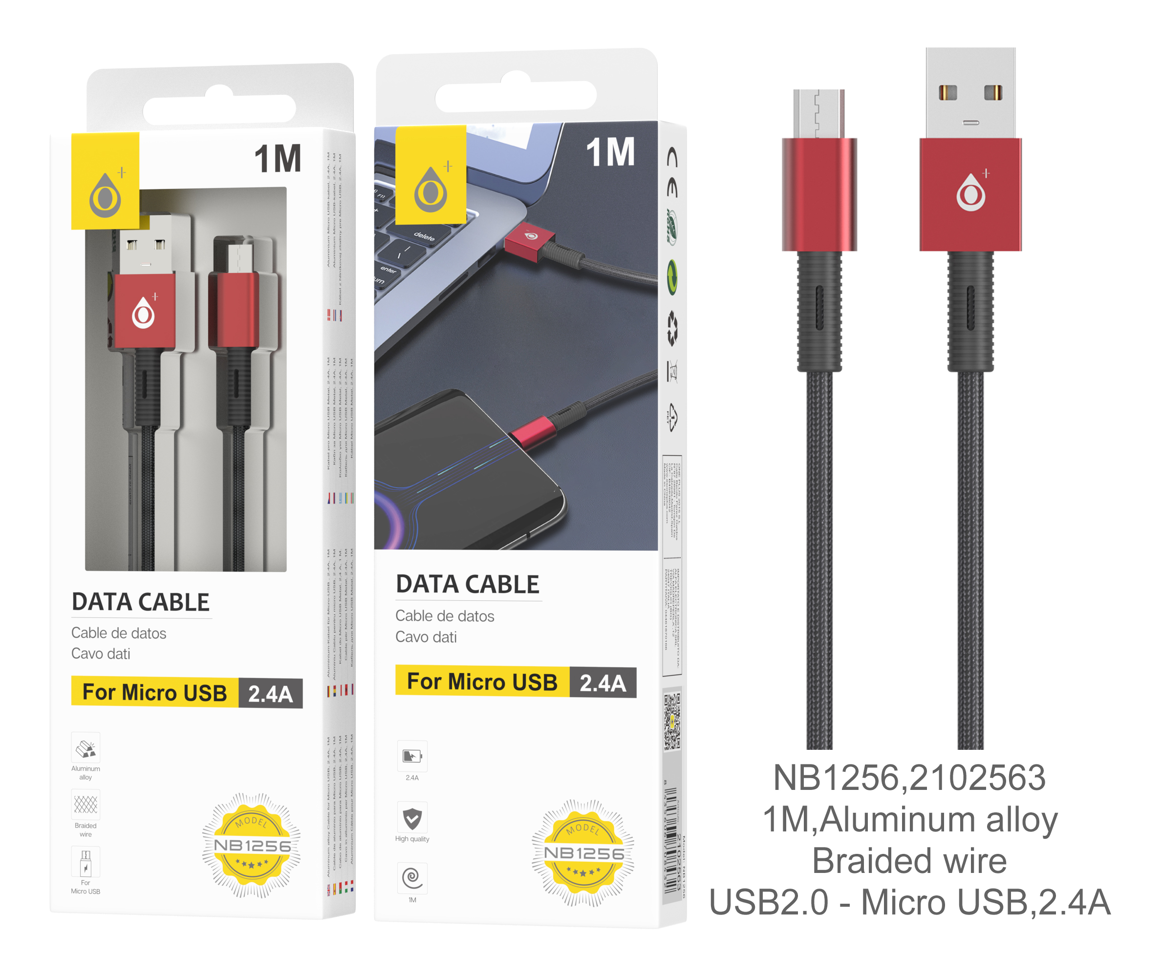 NB1256 RJ Cable de Datos trenzado Thor para MicroUSB, 1M 2.4A, Rojo