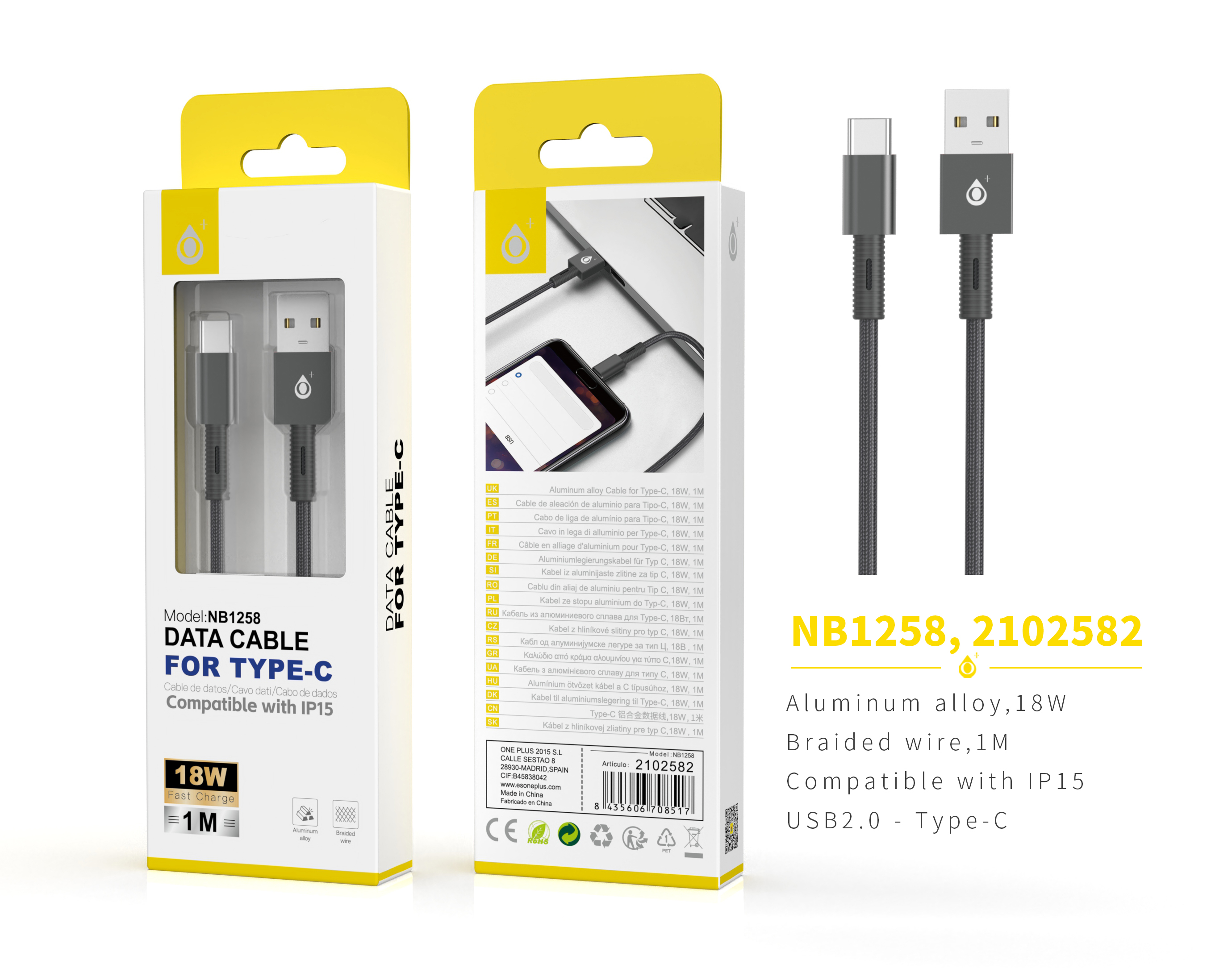 NB1258 NE Cable de Datos trenzado Thor para Type C, 1M 2.4A, Negro