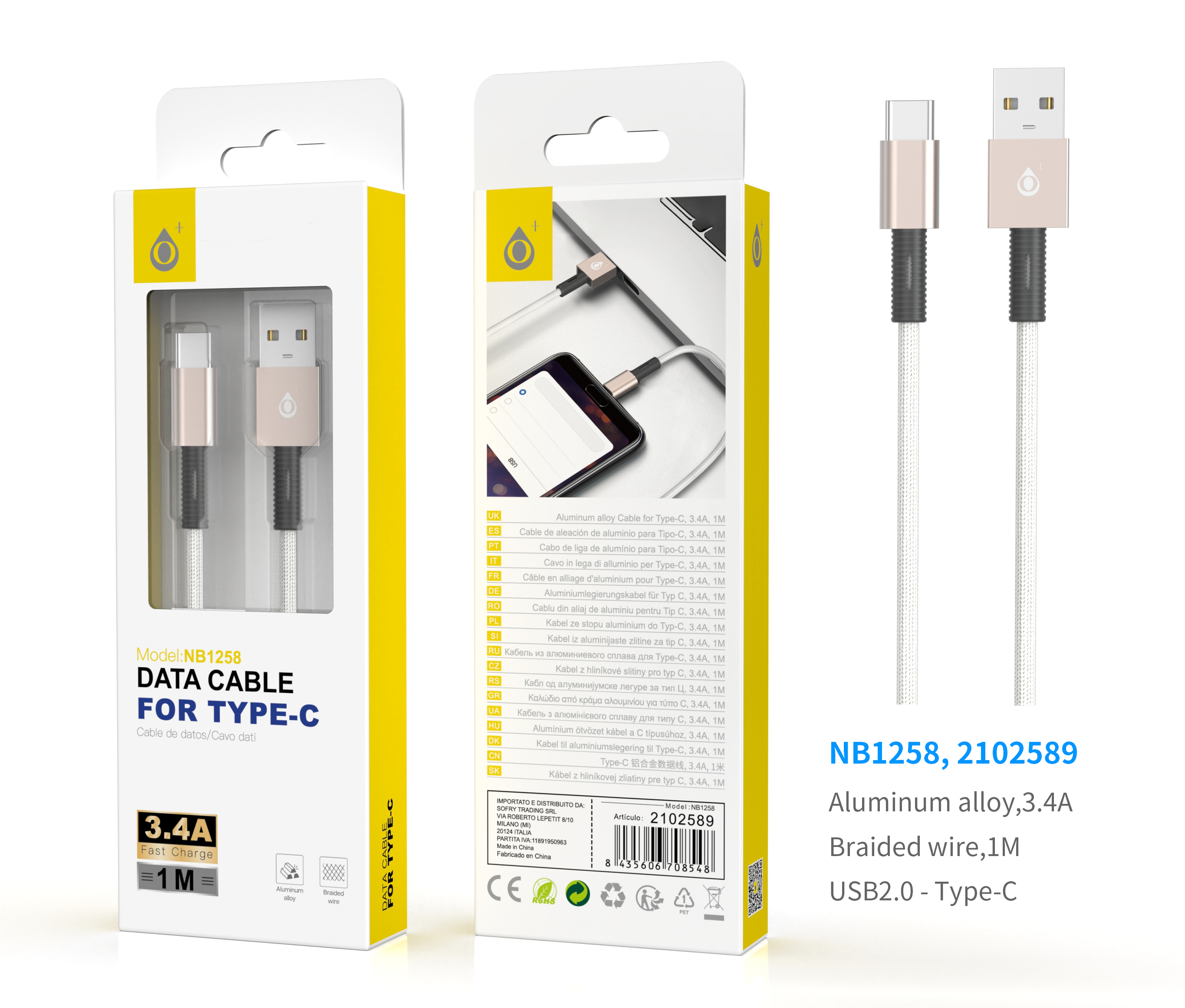 NB1258 OR Cable de Datos trenzado Thor para Type C, 1M 3.4A, Oro