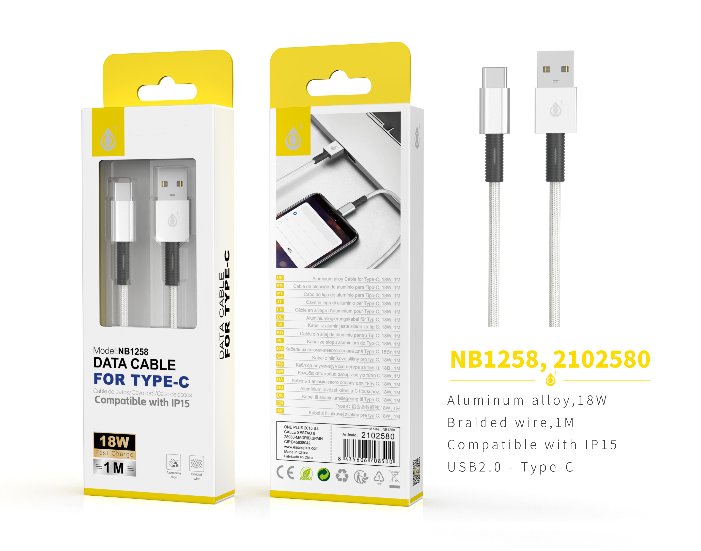 NB1258 PL Cable de Datos trenzado Thor para Type C, 1M 2.4A, Plata