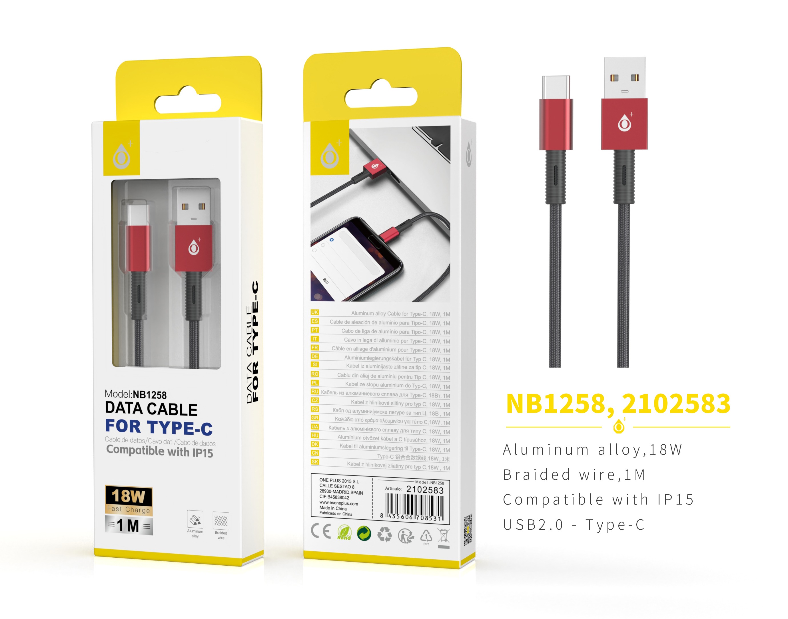 NB1258 RJ Cable de Datos trenzado Thor para Type C, 1M 3.4A, Rojo