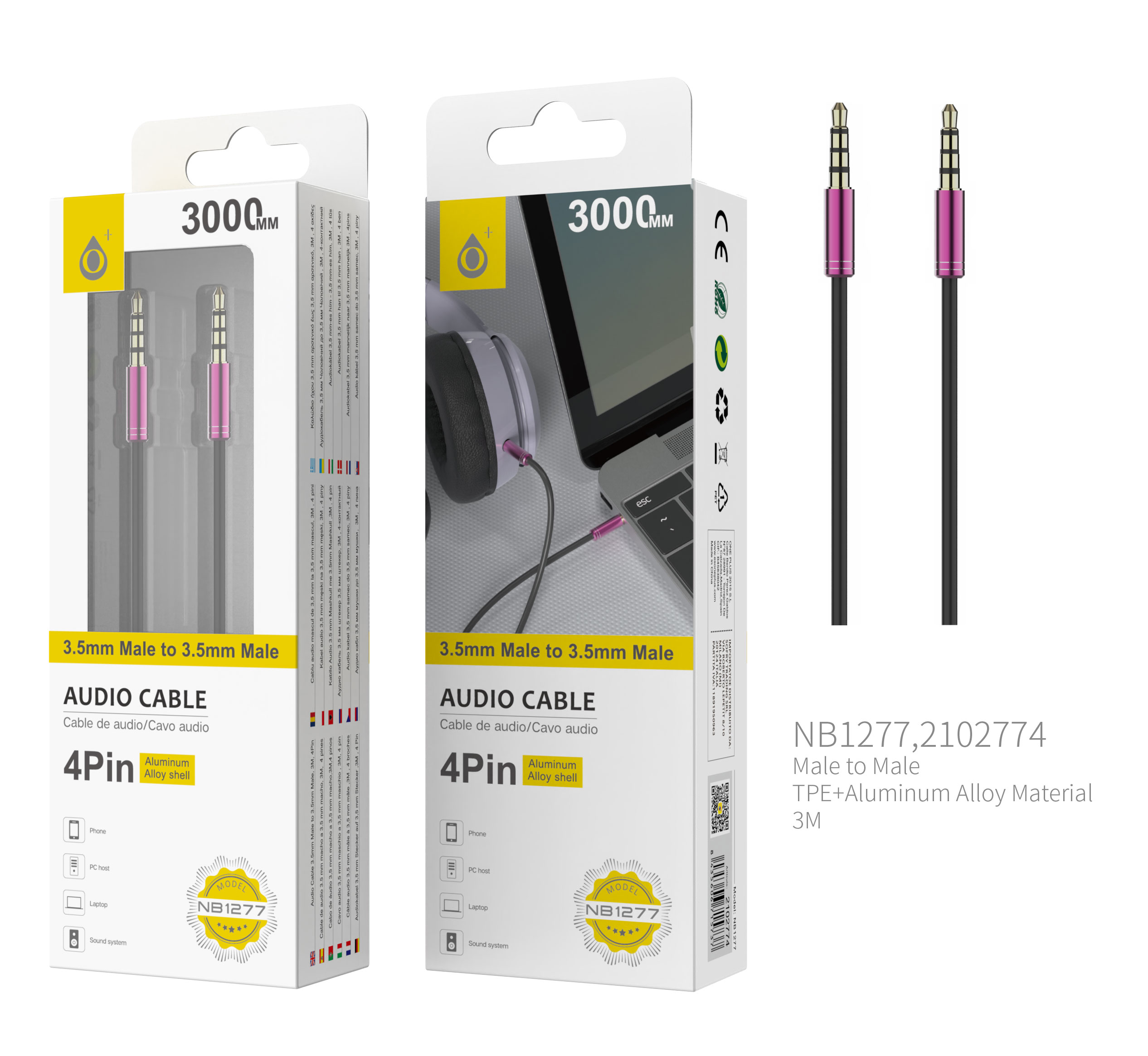 NB1277 RS Cable de Audio Fox de Aluminio de 3.5mm a 3.5mm Macho a Macho, 4Pin, Longitud 3 M, Rosa