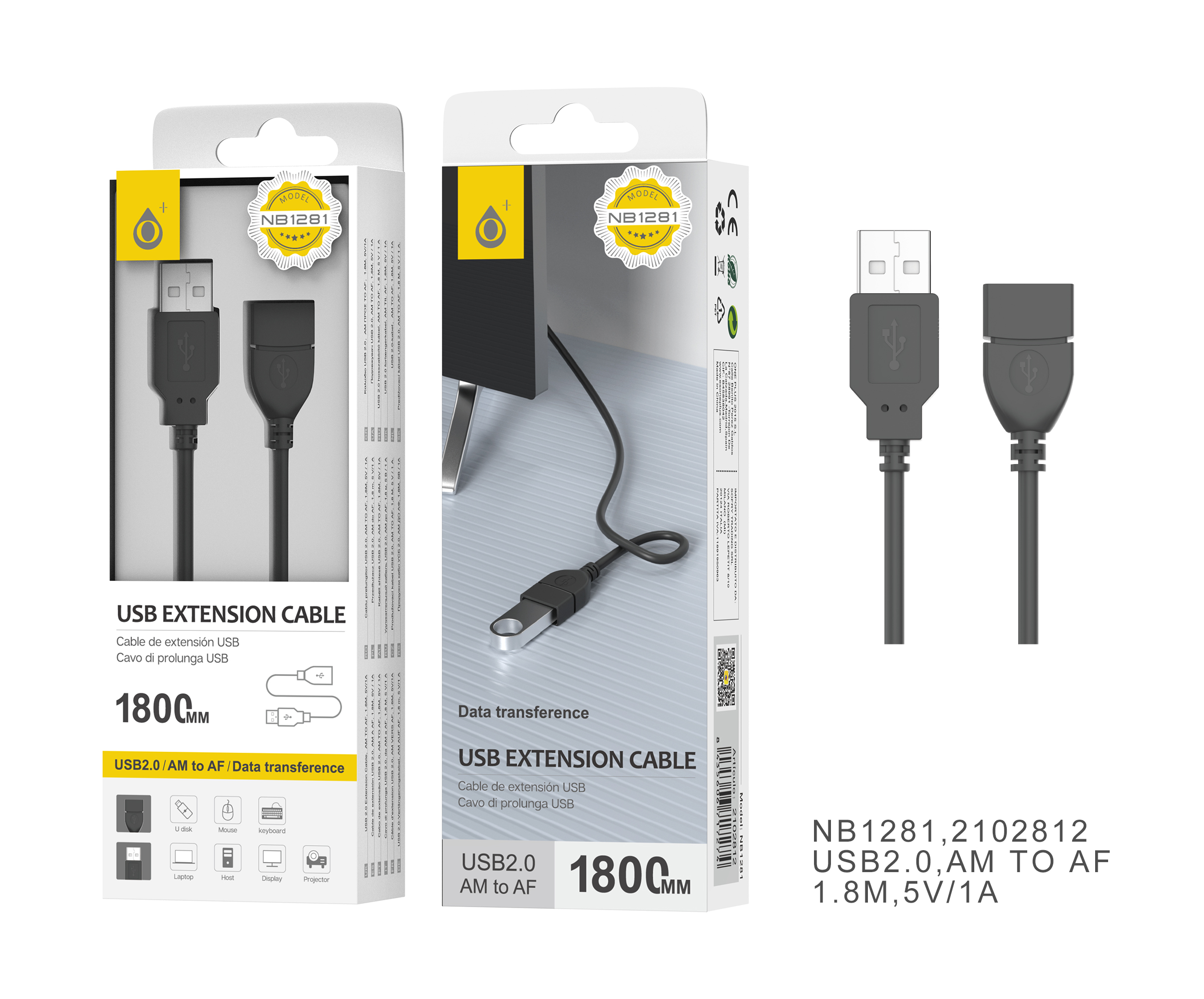 NB1281 NE Cable de extensi¨®n USB2.0 AM A AF , 1.8M,Negro