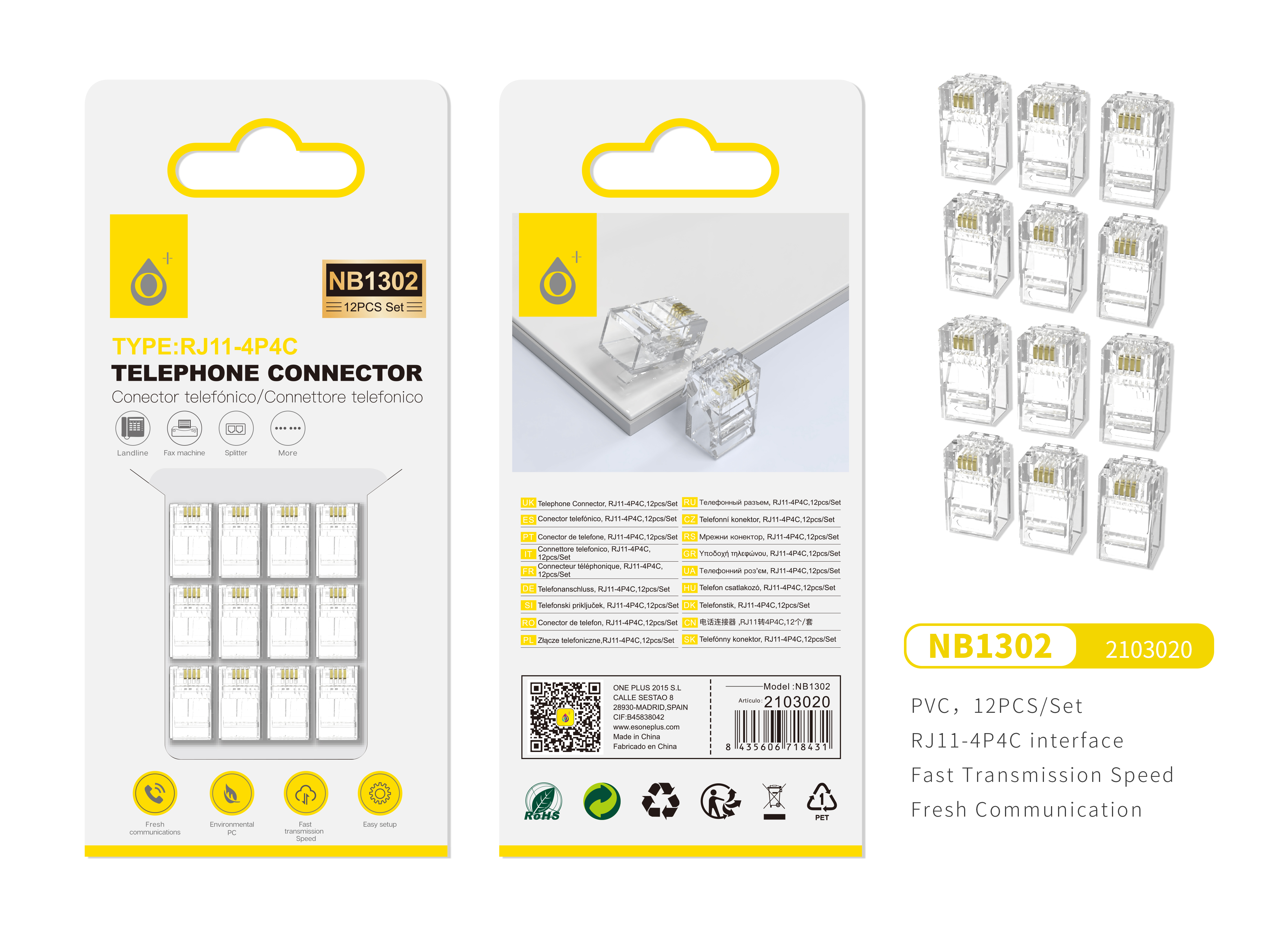 NB1302 TR Conectores RJ11 4P4C para Telefono 12pcs,Transparente