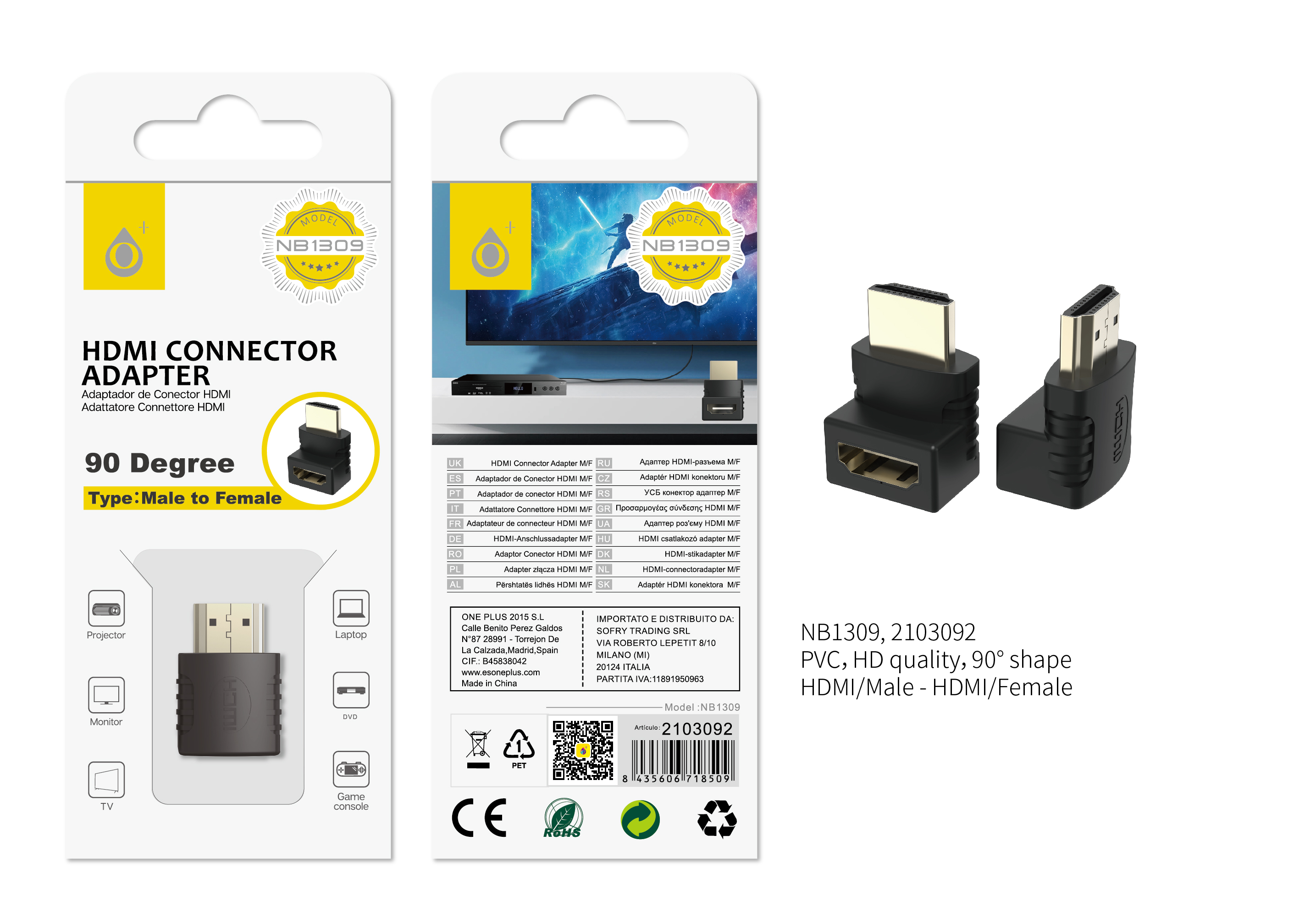 NB1309 NE Adaptador  HDMI Macho a Hembra de 90 grados,Negro