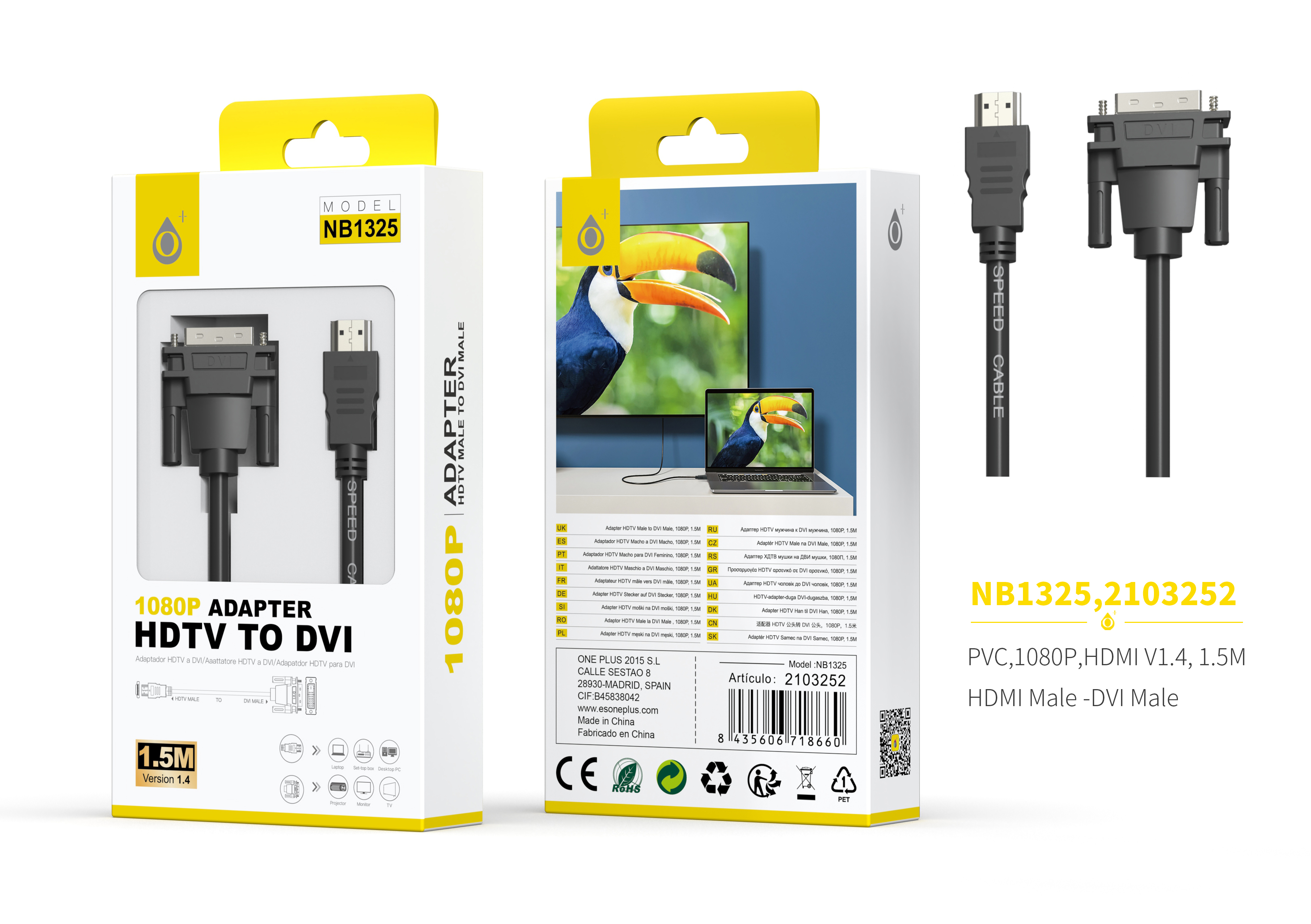 NB1325 NE Cable HDMI A DVI, 1080P, 1.5M, Negro