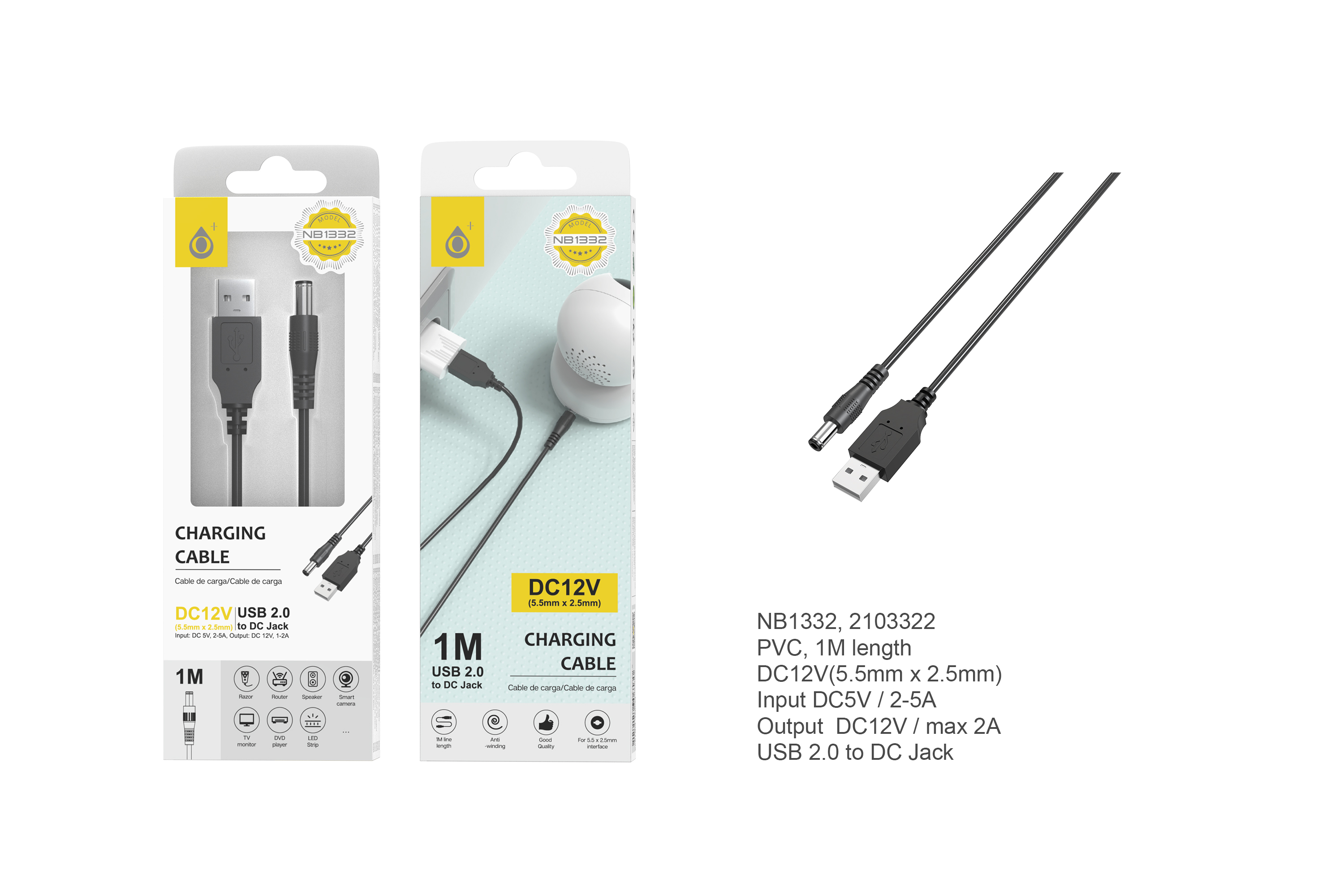 NB1332 NE Cable de Carga USB  con Conector Jack DC 12V ( 5.5mm X 2,5mm), Negro