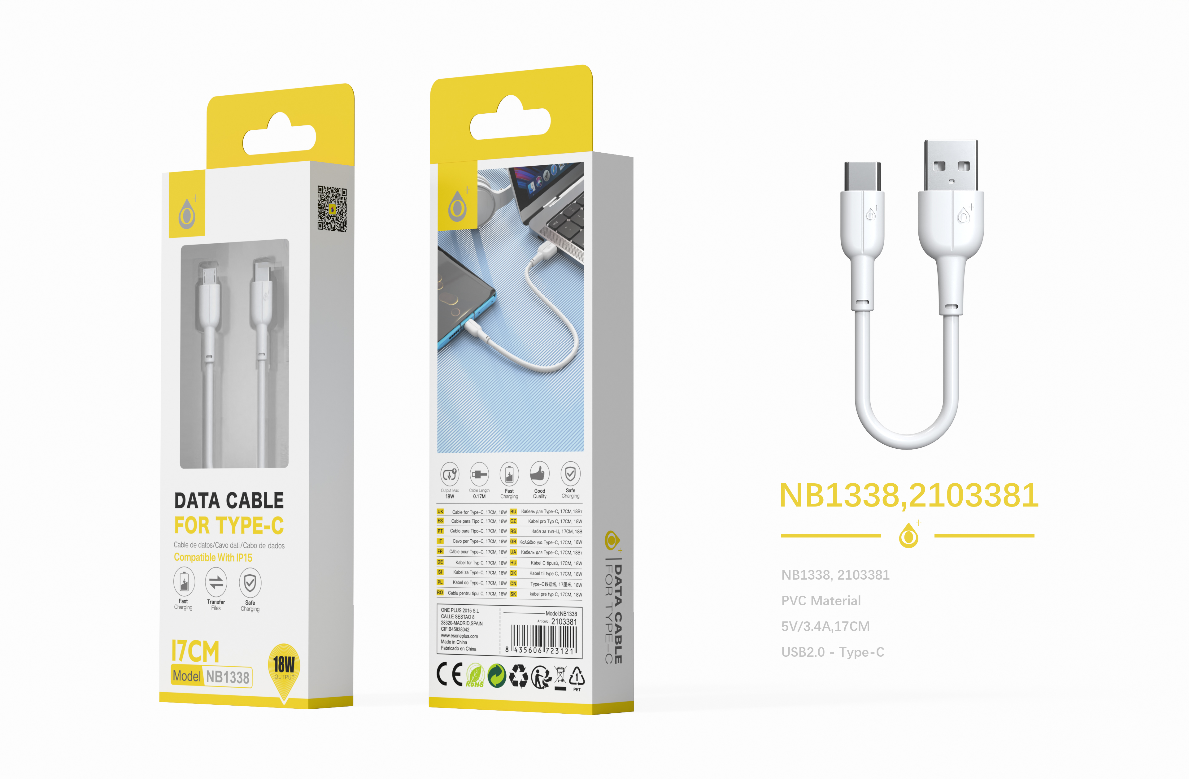 NB1338 BL Mini Cable de Datos para Type-C , 5/3A con Longitud 0.17CM, Blanco