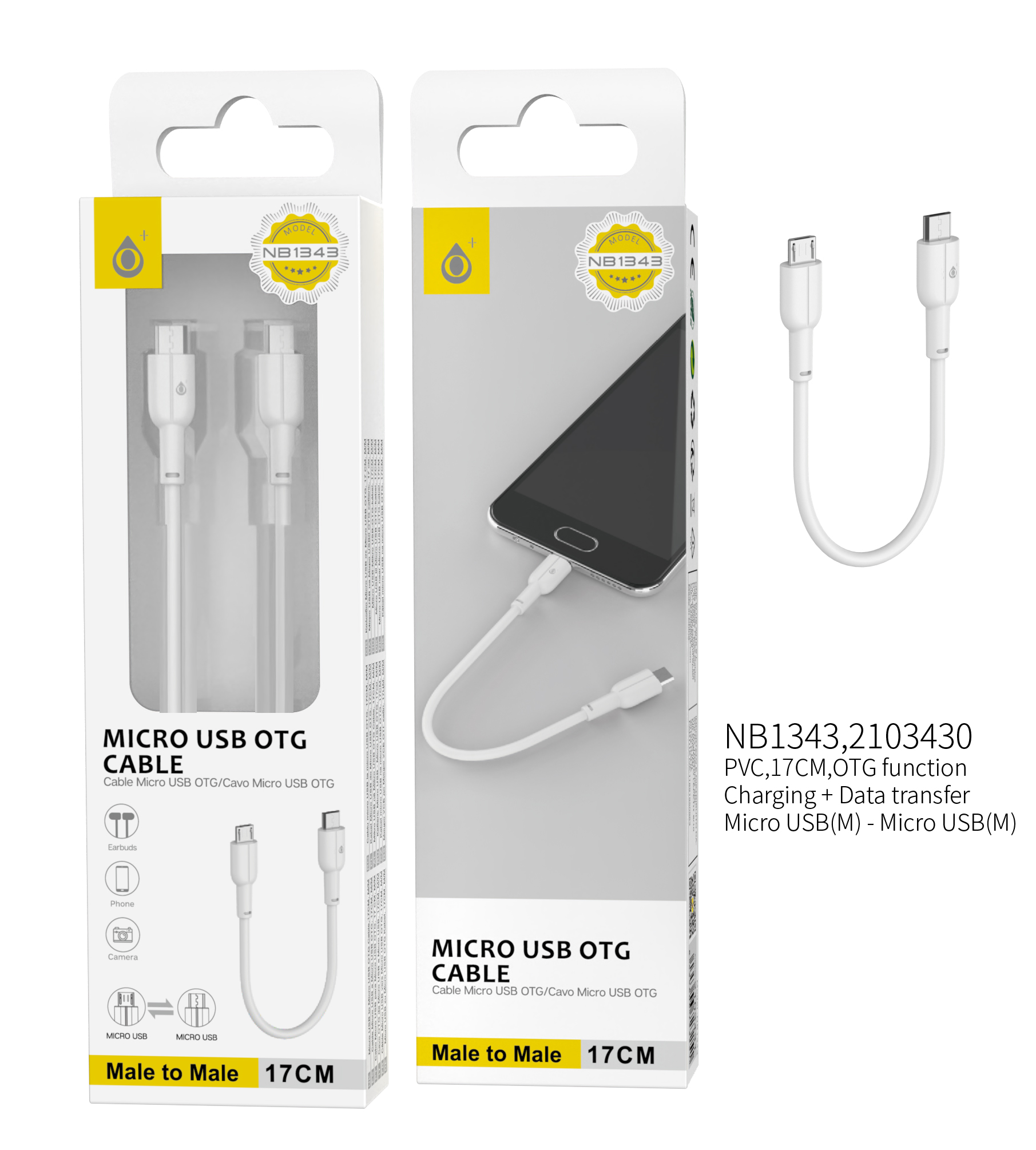 NB1343 BL CABLE OTG Micro USB a Micro USB (Macho a Macho)17cm,Blanco