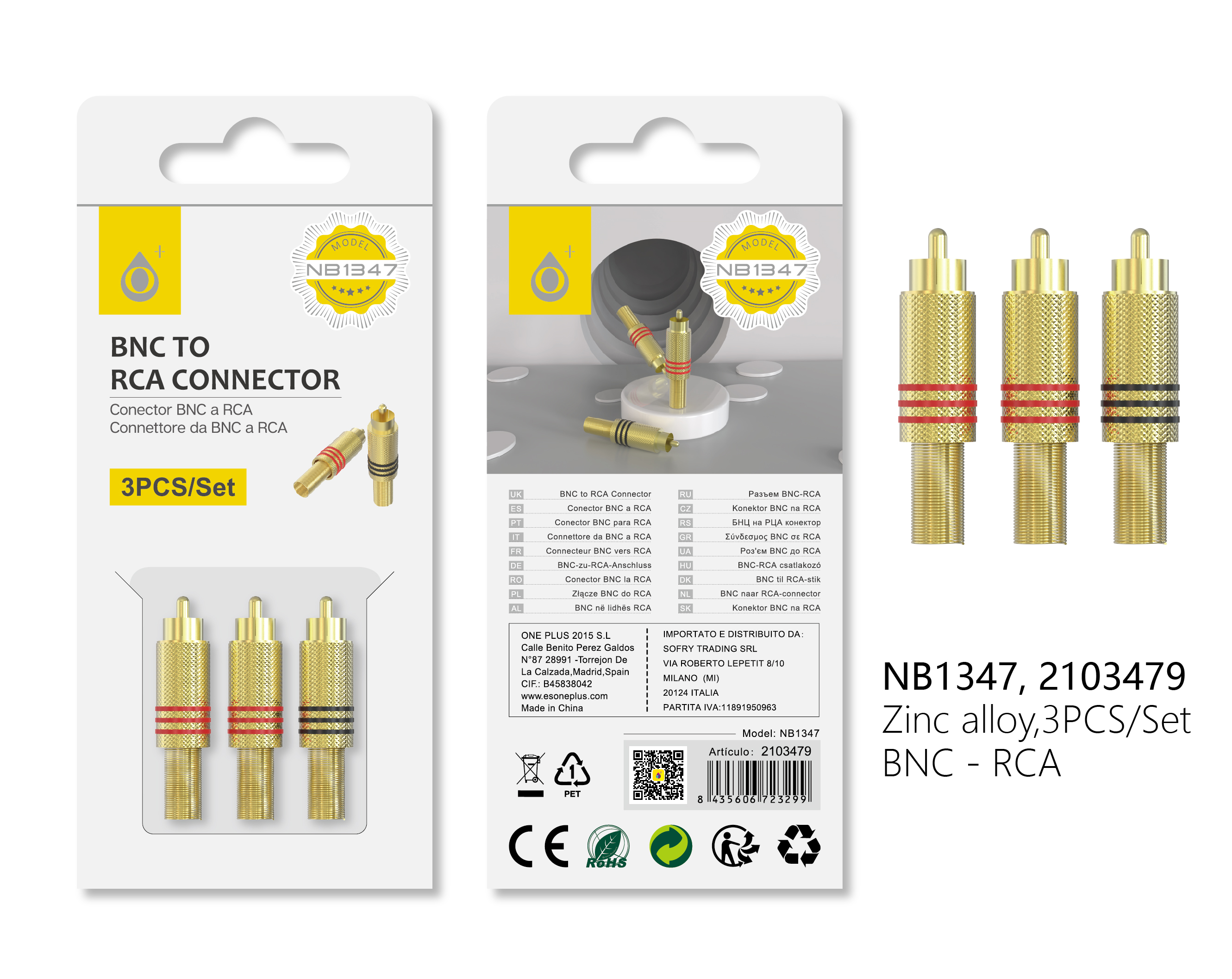 NB1347 OR Conetcor Zinc BNC a RCA 3pcs,Oro