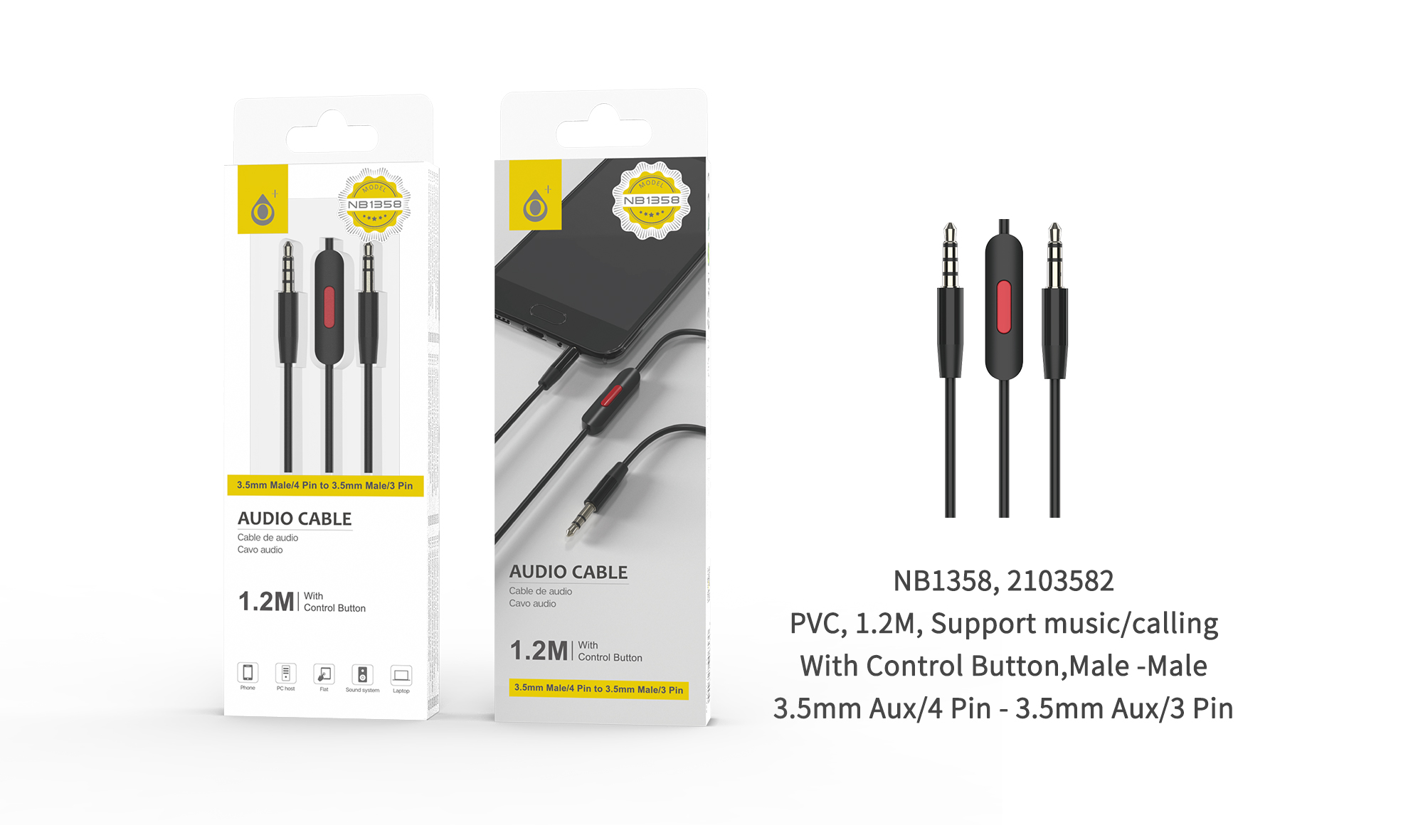 NB1358 NE Cable de Audio Jack 3.5mm 4 pin Macho a Jack 3.5mm 3pin Macho con boton de control, Cable 1.2m, Negro