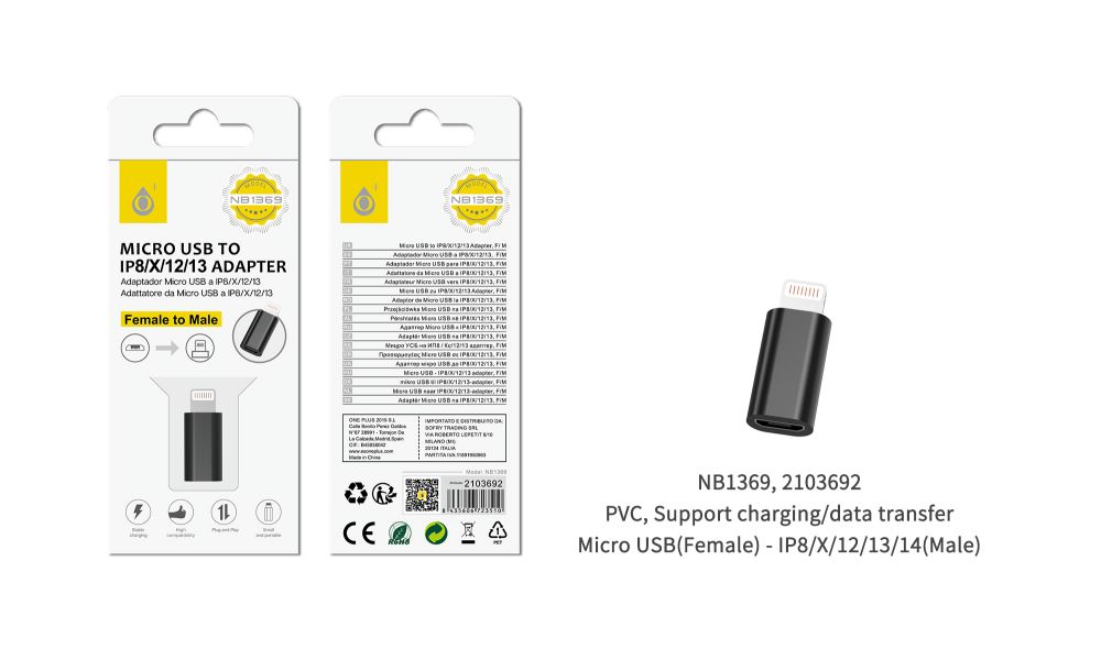 NB1369 NE Adaptador de  Micro USB Hembra a Iphone 5-14 Macho, Negro