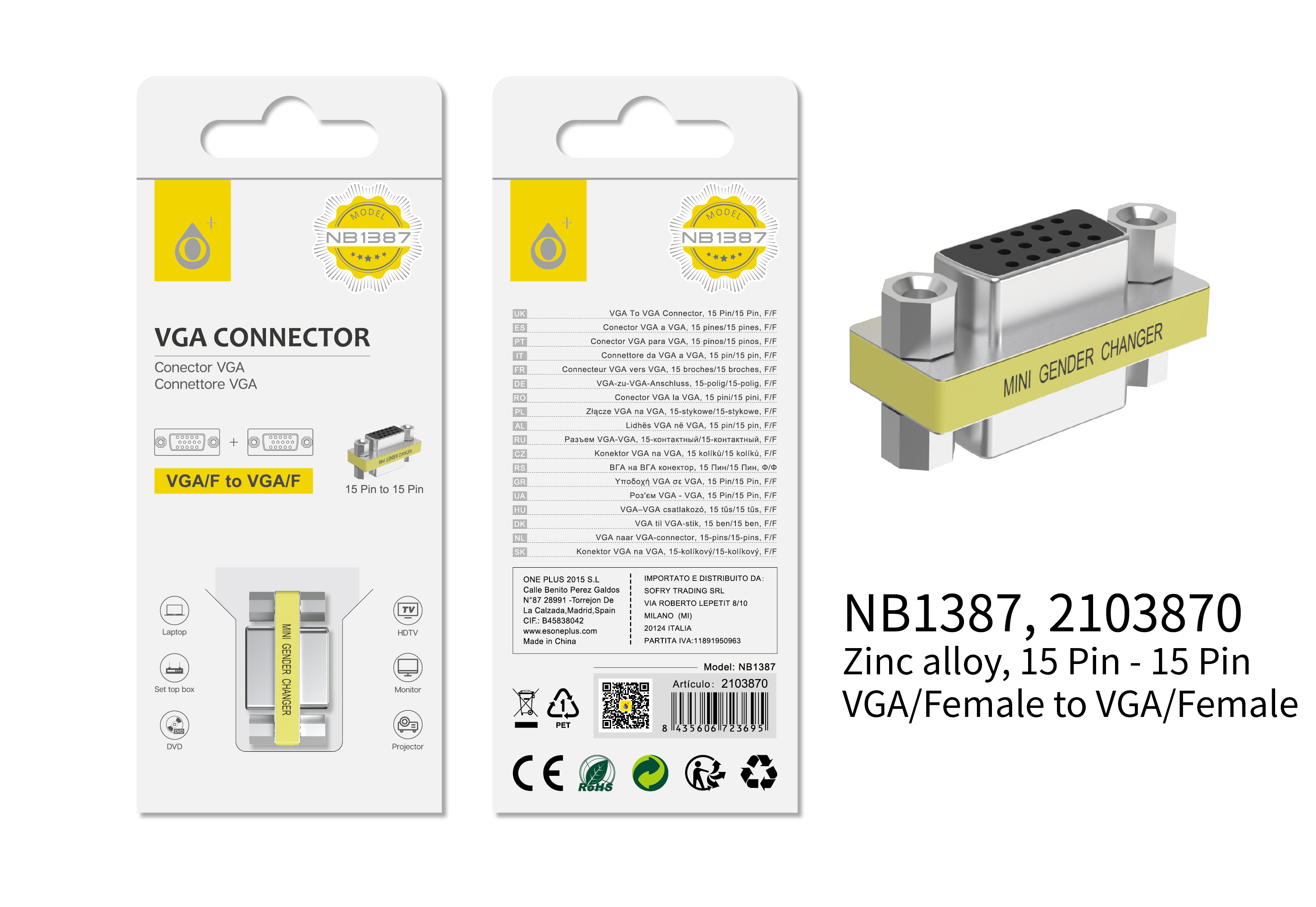 NB1387 PT Adaptador  VGA Hembra a Hembra , Plata