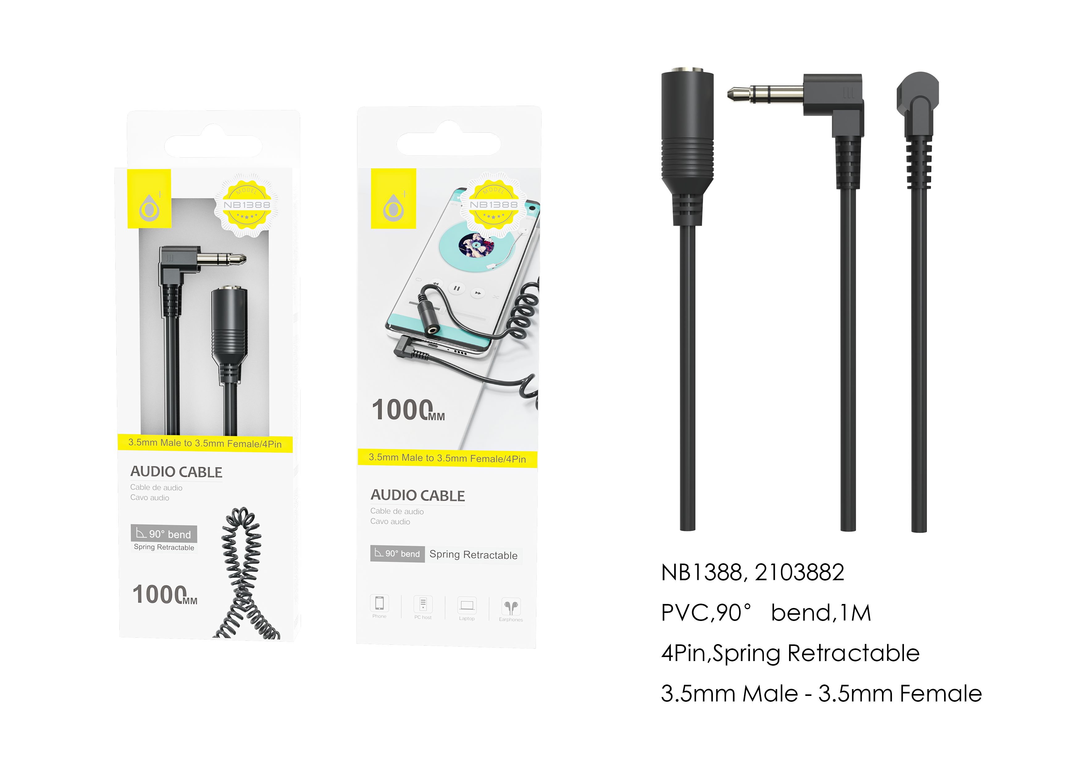 NB1388 NE Cable de Audio en espiral 4Pin (Macho a Hembra), Clavija de Jack 3.5mm en 90°, Cable 1m, Negro