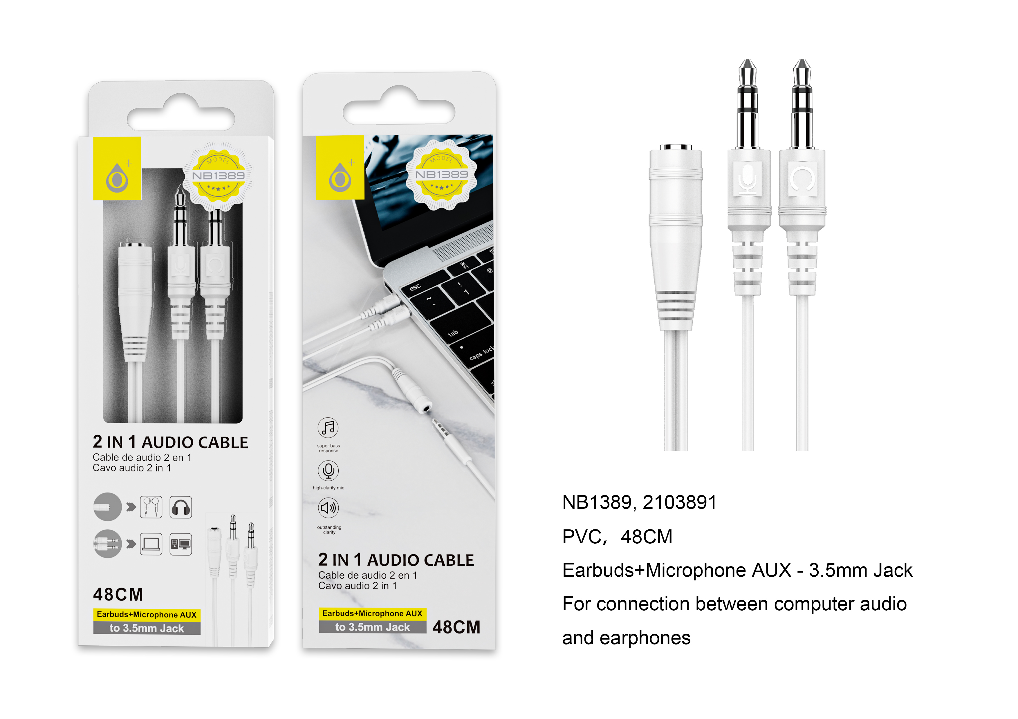 NB1389 BL Adaptador Audio y Microfono, 1 (Hembra) a 2 (Macho), 48cm, Blanco