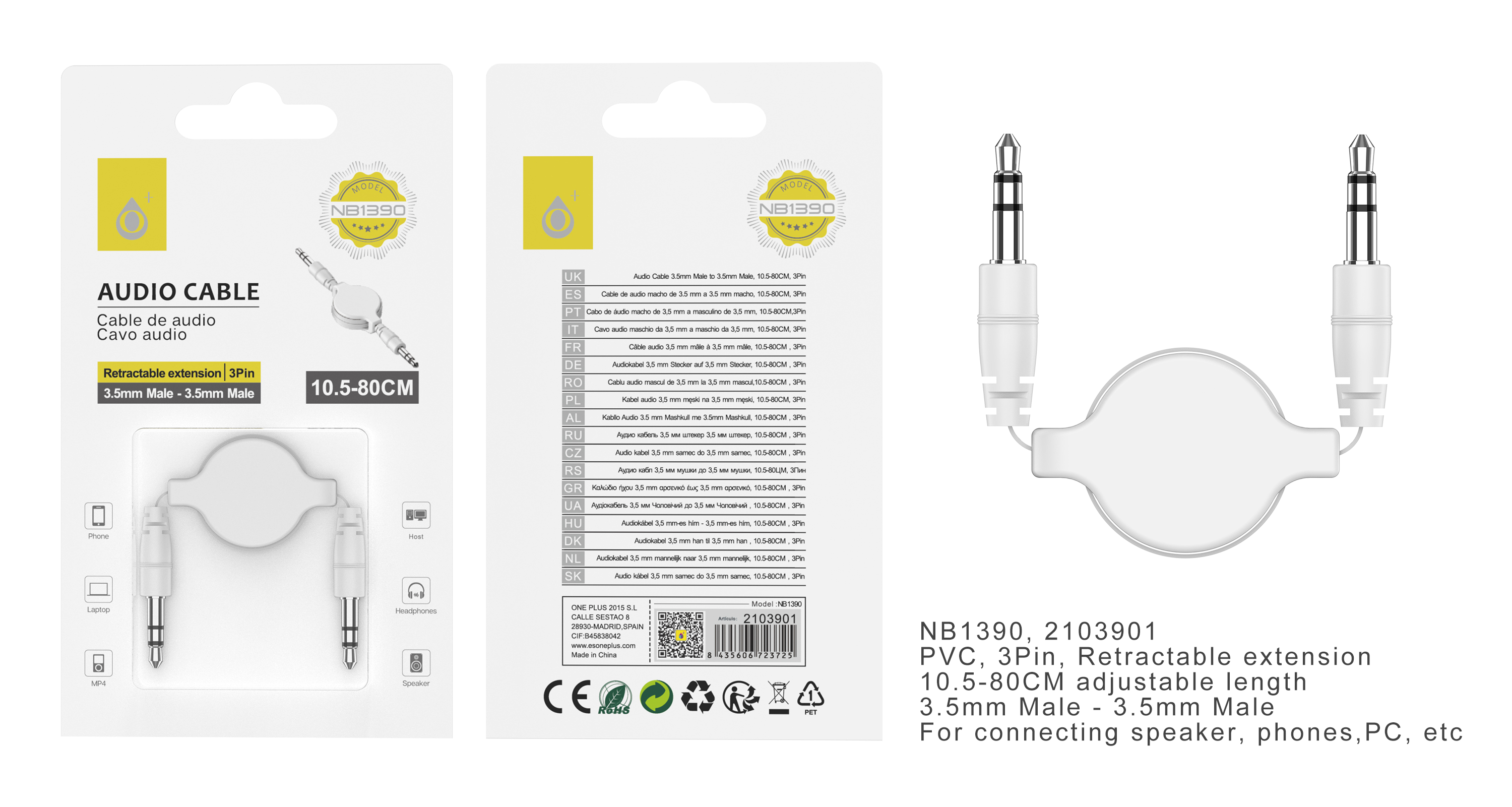 NB1390 BL Cable aduio Jack 3.5mm , cable retractil 10.5-80cm, Blanco