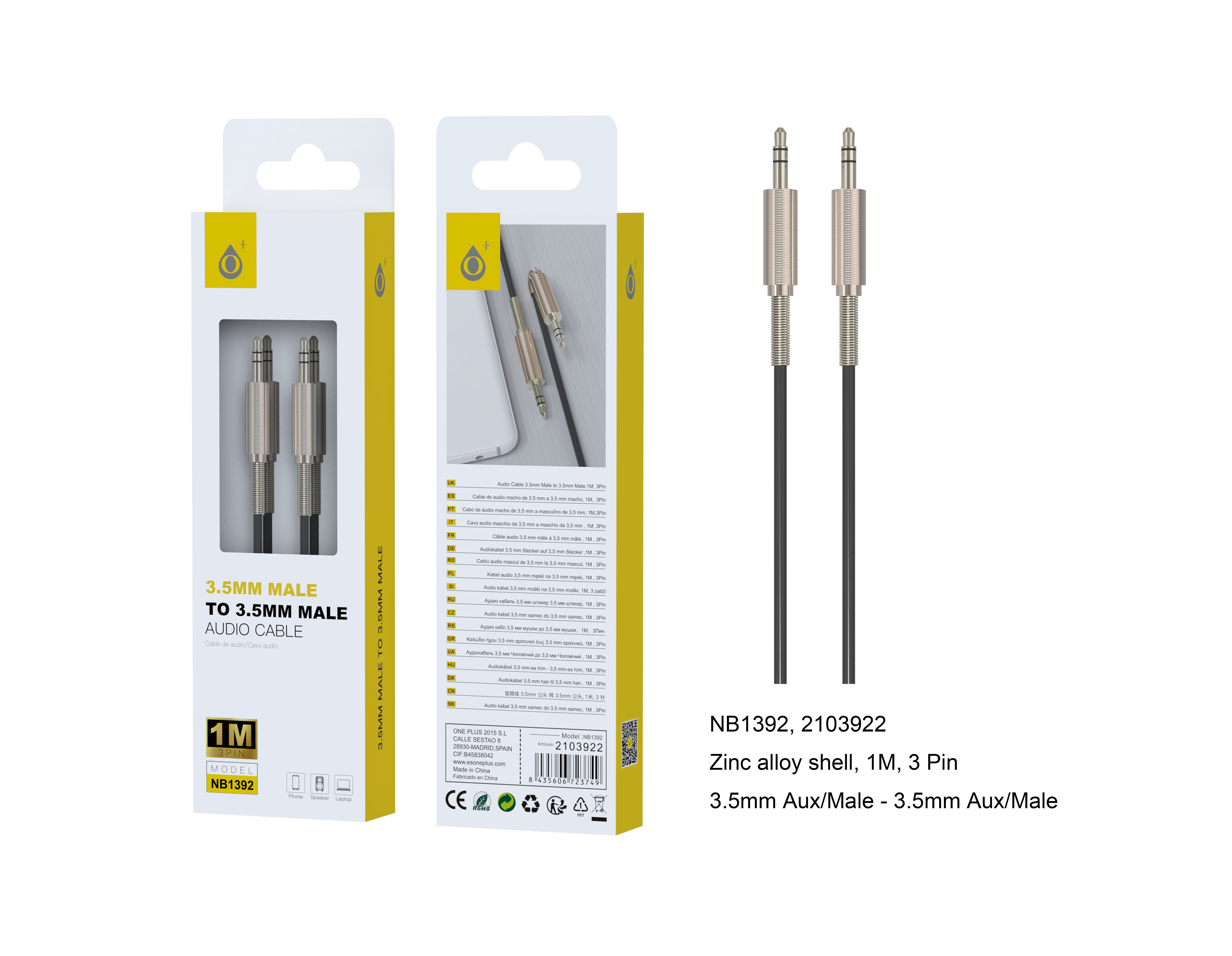 NB1392 NE+OR Cable de Zinc audio  3.5mm Macho a Macho, Cable  1m, Negro+Oro