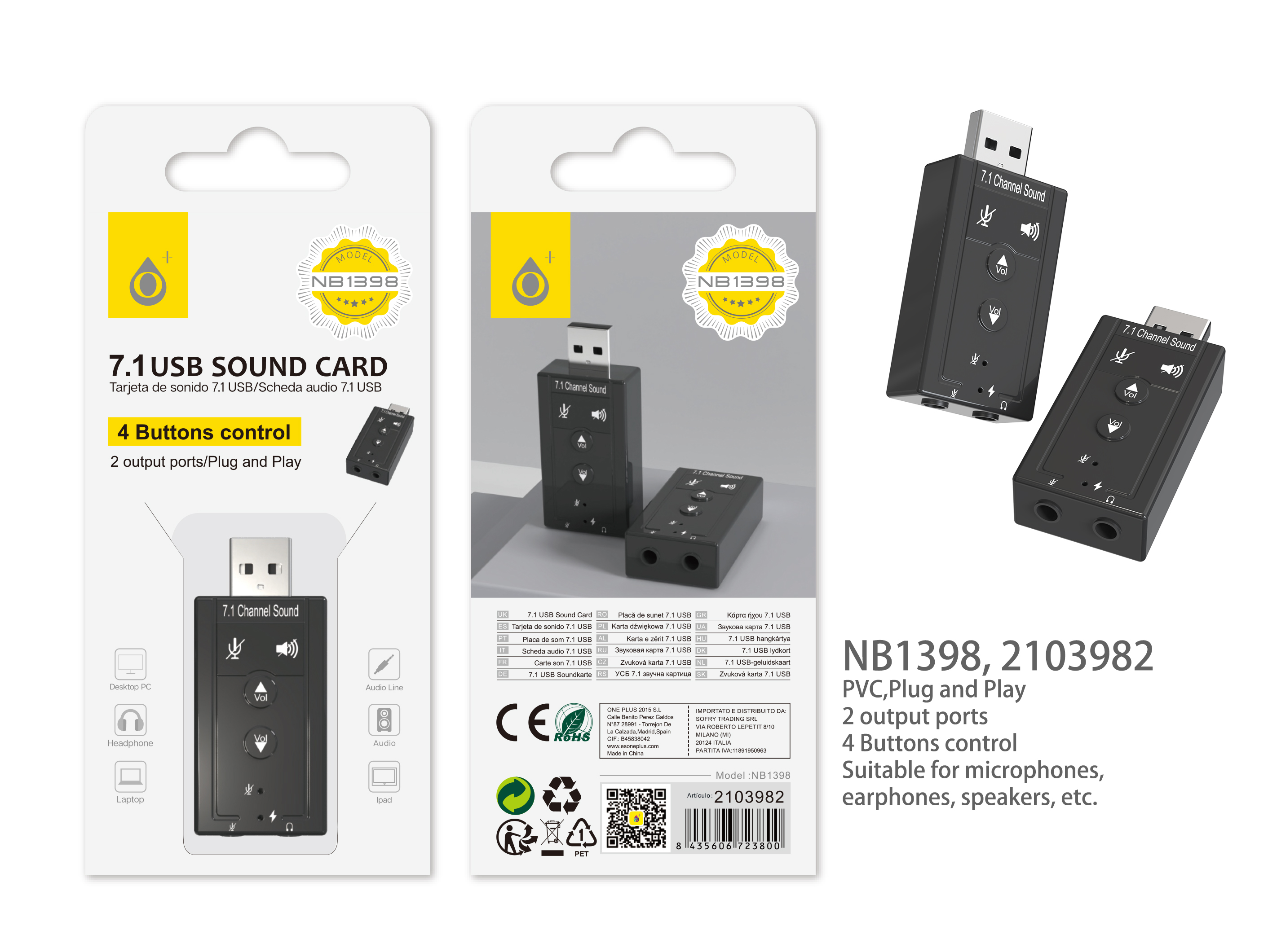 NB1398 NE Tarjeta USB de Sonido/Audio externo   7.1, con boton de control, 2 Salida de Jack ,Negro