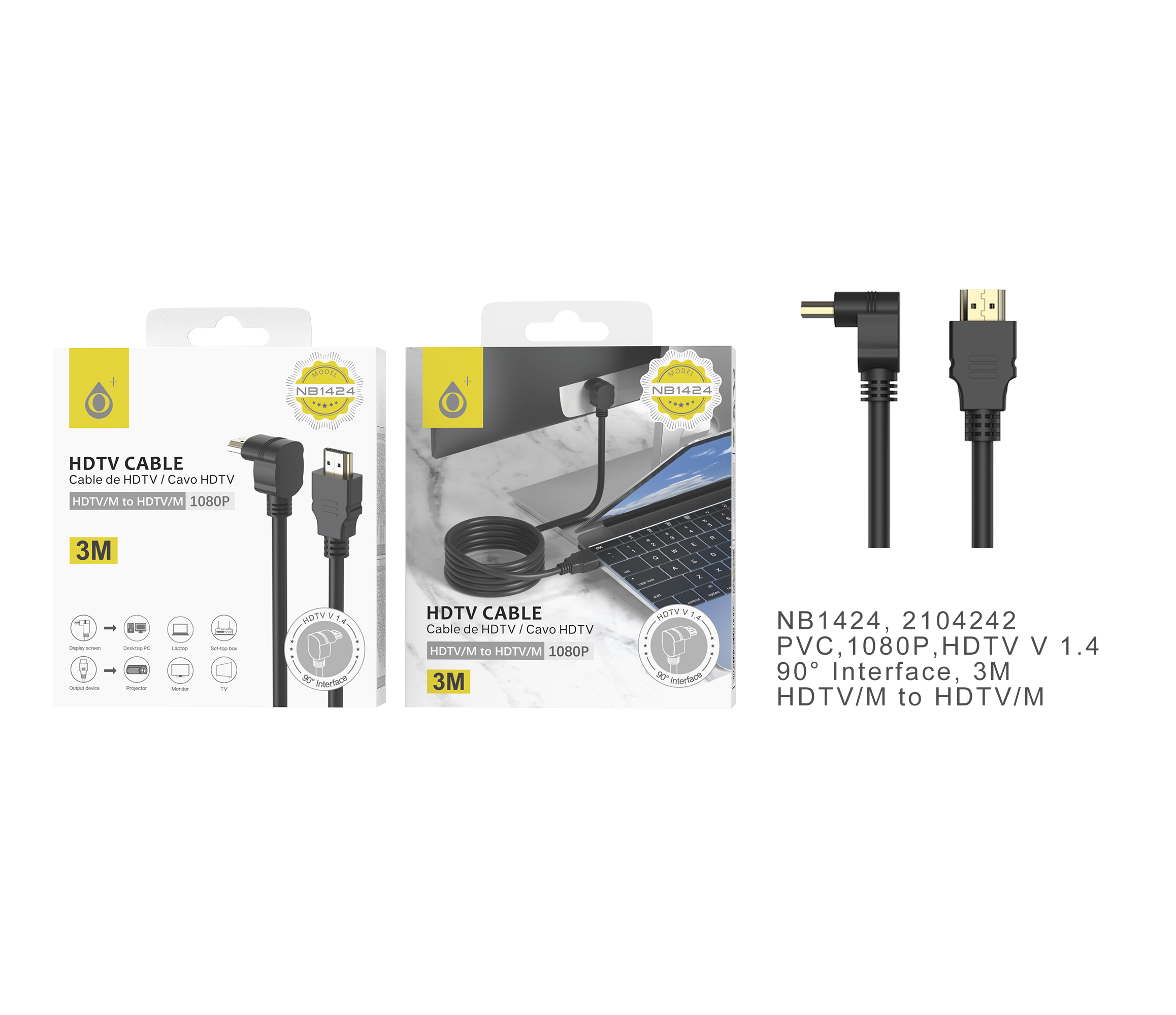 NB1424 NE Cable HDMI (Version 1.4) , Clavija  90 grados en L 1080p, 3M, Negro