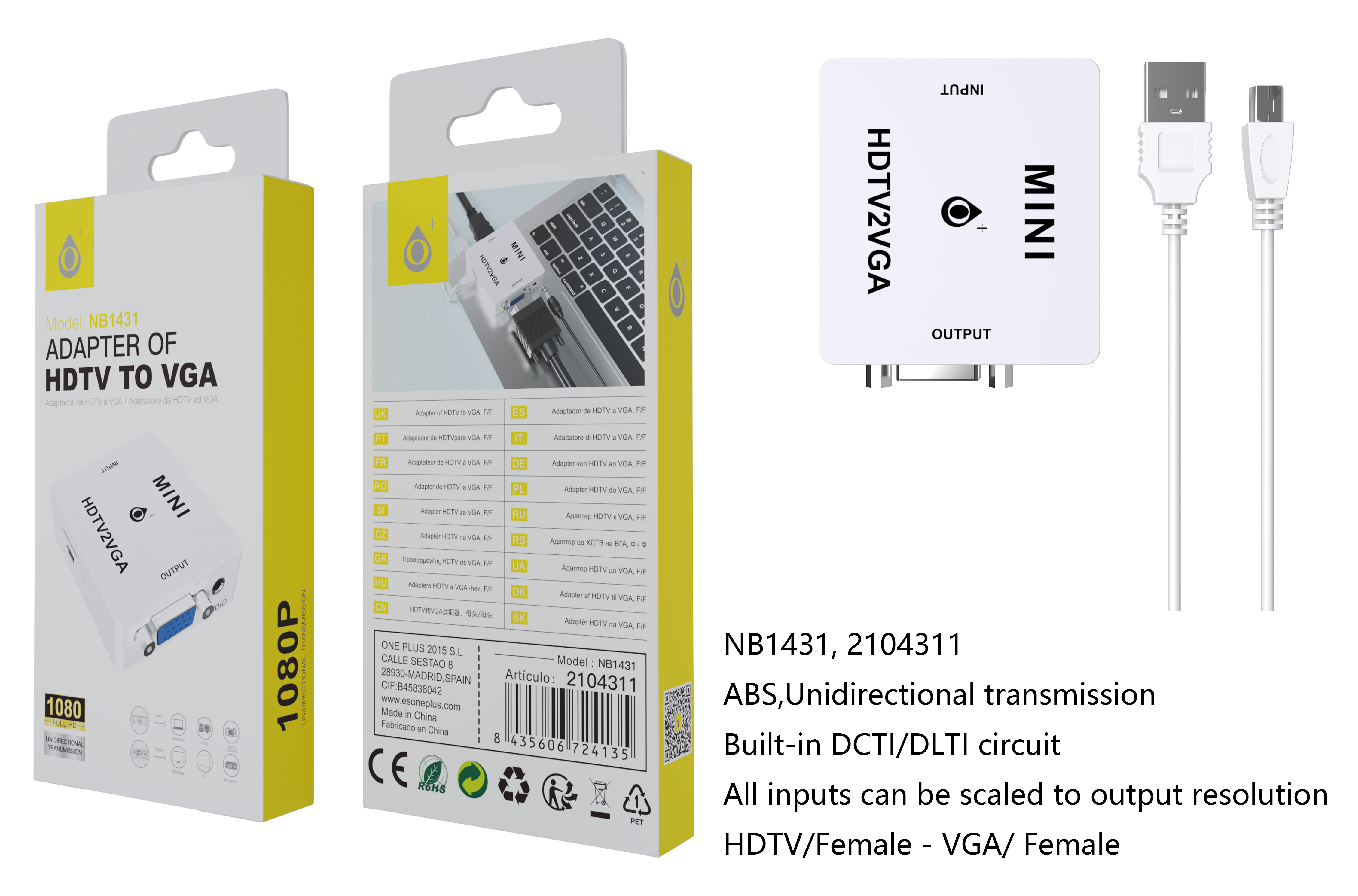 NB1431 BL Adaptador de HDTV  a VGA(Hembra-Hembra), transmisión unidireccional, Con circuito DCTI/DLT
